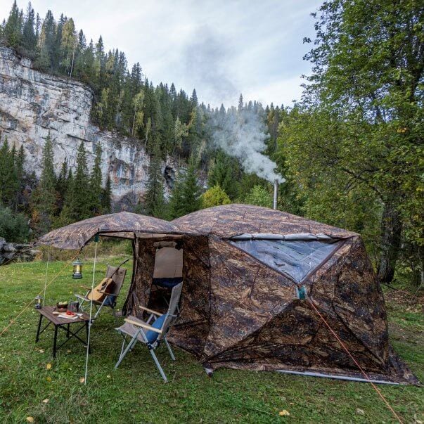 RBM Outdoors Hexagon with the flip-up wall configured as an awning