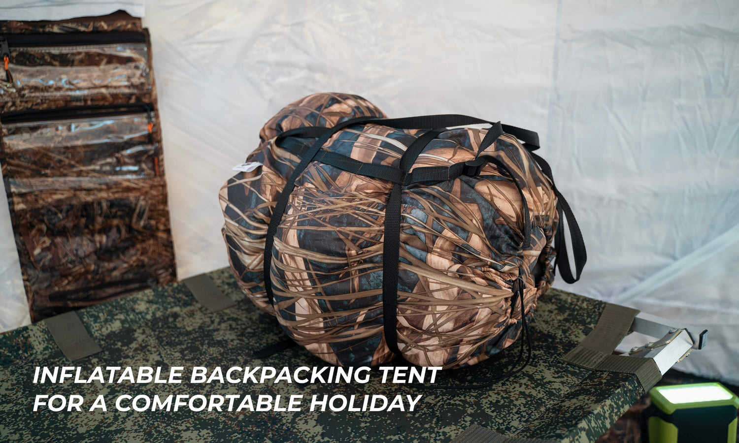 Inflatable backpacking tent for a comfortable holiday of a small group..