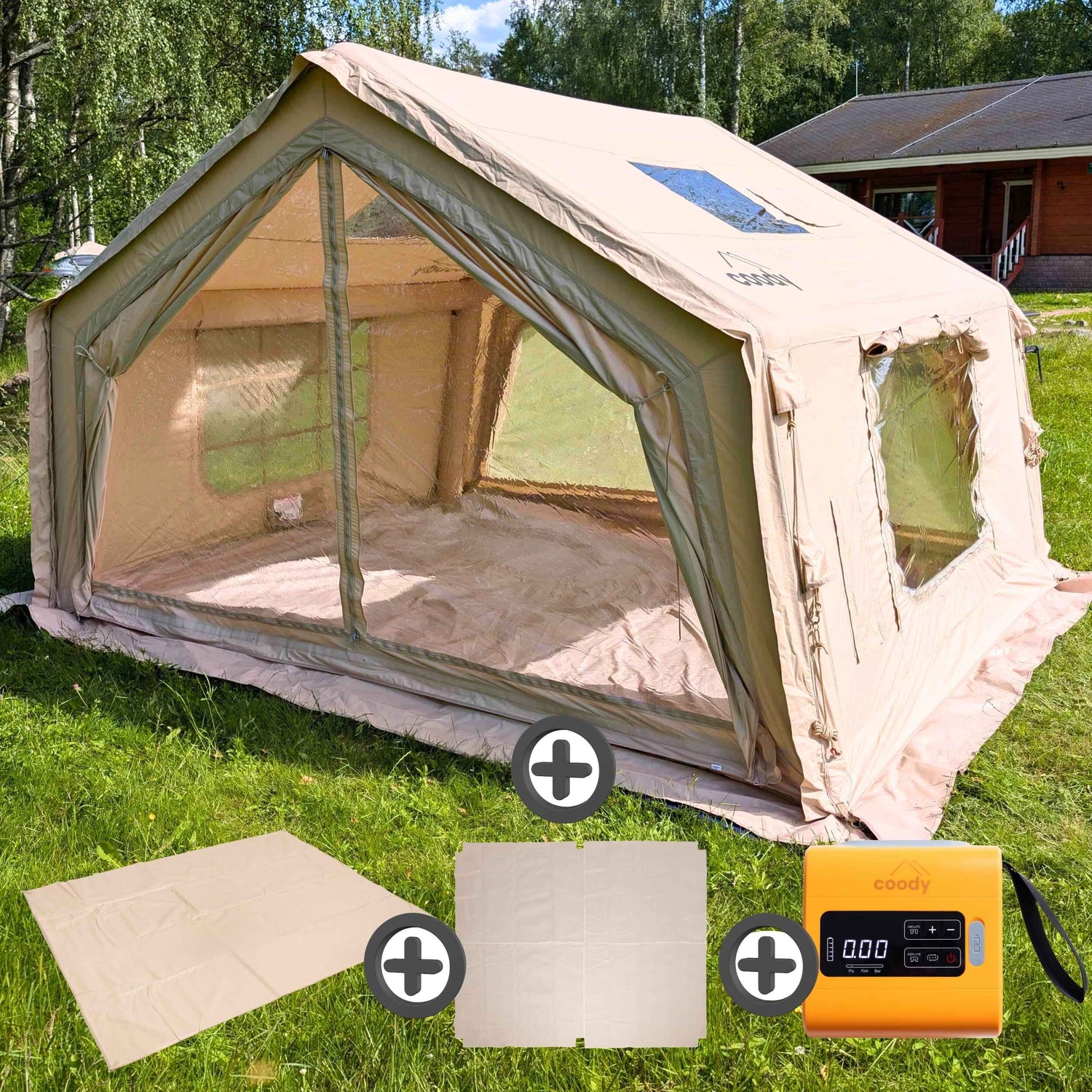 Coody 10.0 Beige camping bundle with PVC ground sheet, carpet and electric pump