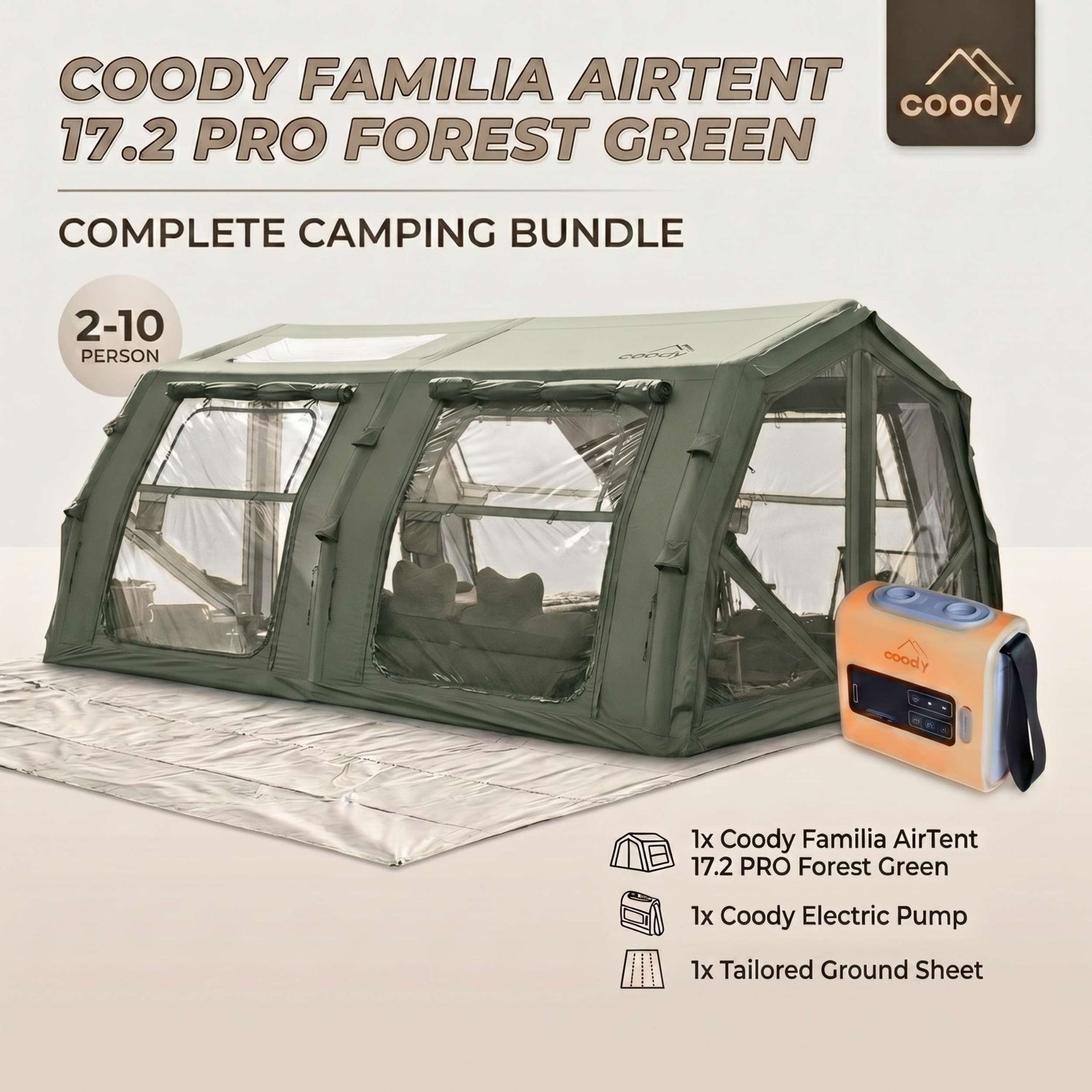 Coody Familia AirTent 17.2 PRO Vert Forêt (2-10 Personnes)+Pompe Électrique+Porte TPU Vert Forêt+Tapis de Sol