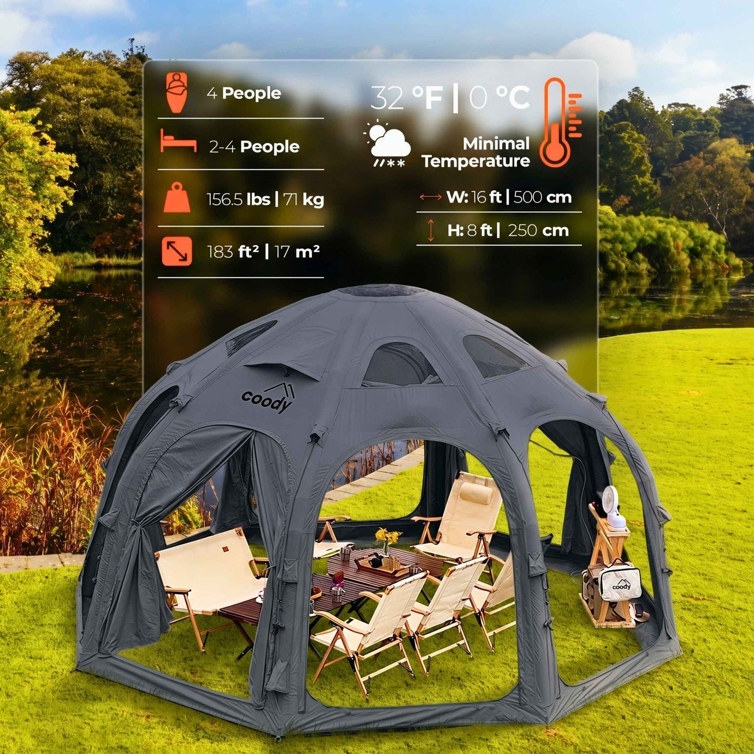 Tente gonflable de luxe Coody Aurora Dome Black (2-4 personnes)