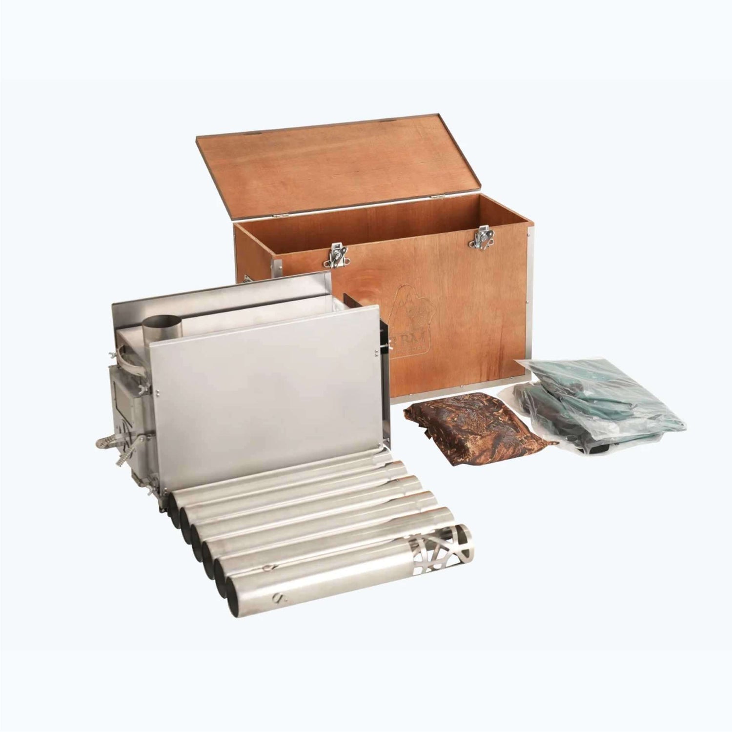 Medium camping wood stove with chimney pipe system