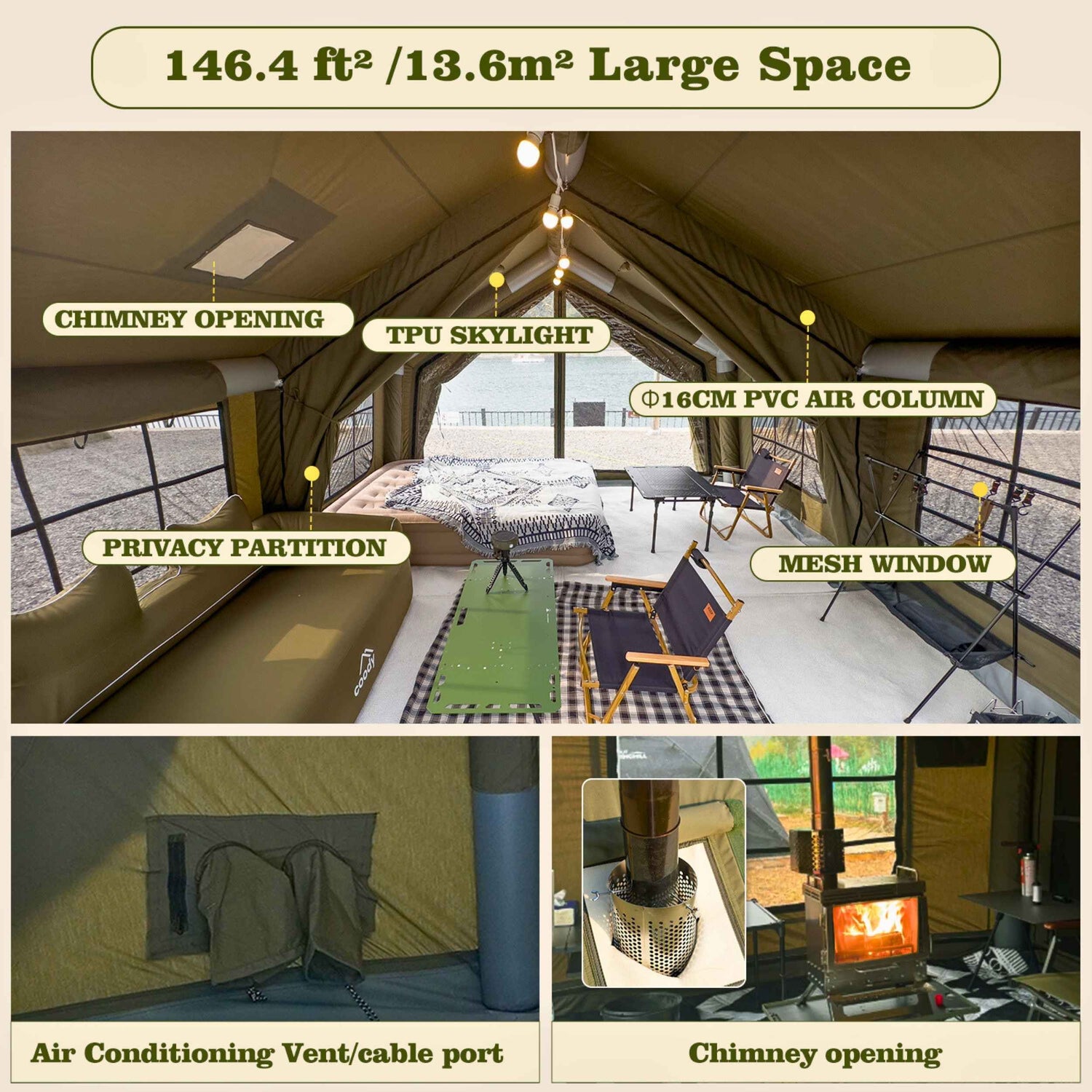 Coody 13.6 Forest Green (2-10 person) + RBM Wood Stove Caminus M