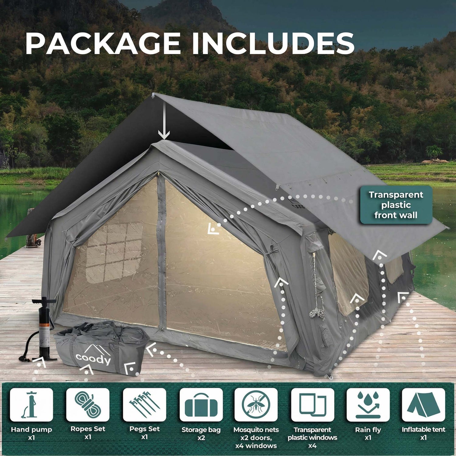 Coody 17.2 (Koala-7) Gray Inflatable Tent House for Camping (2-10 person) - RBM Outdoors
