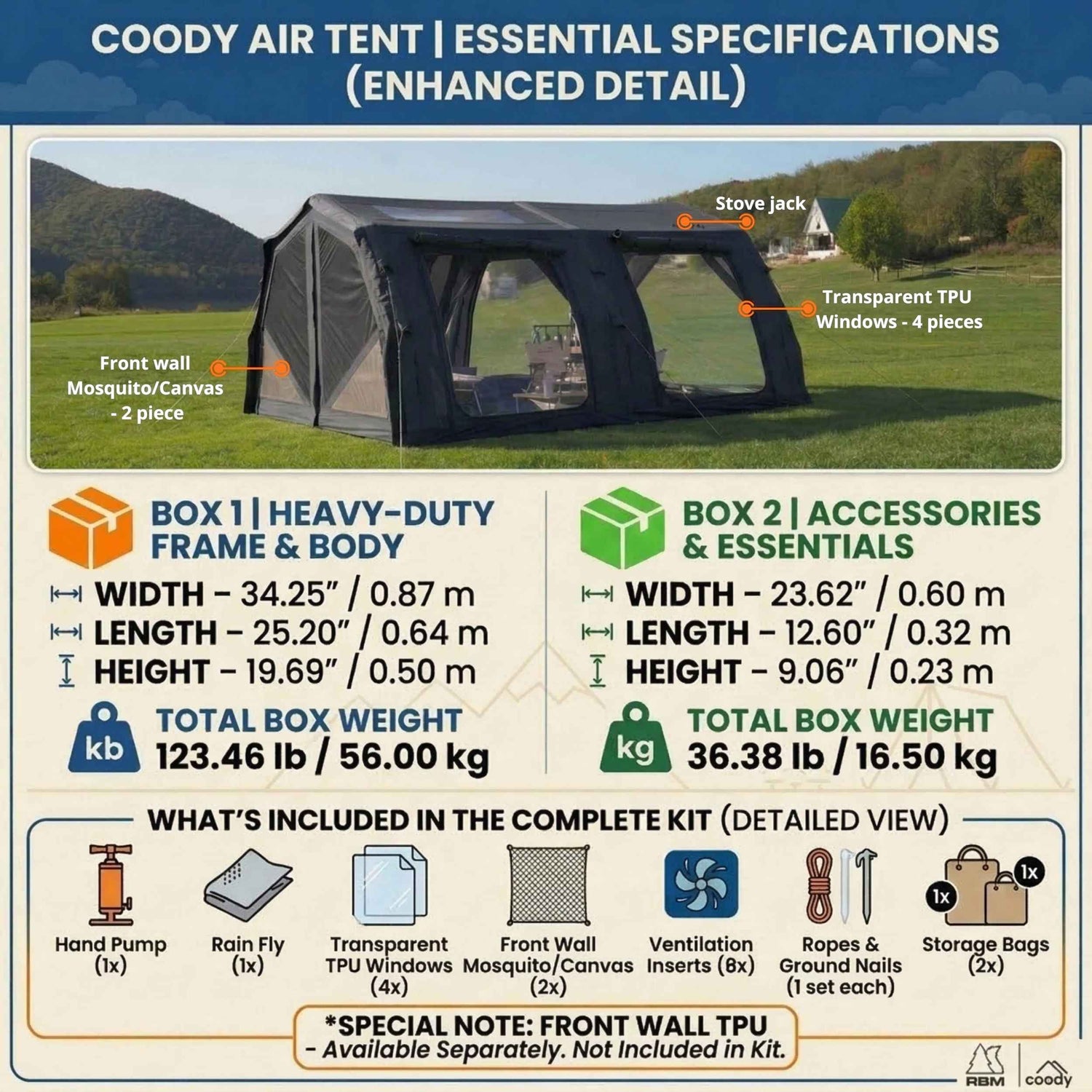 Coody Familia AirTent 17.2 PRO Black (2-10 Person)+Electric Pump+TPU Door Black+Ground Sheet
