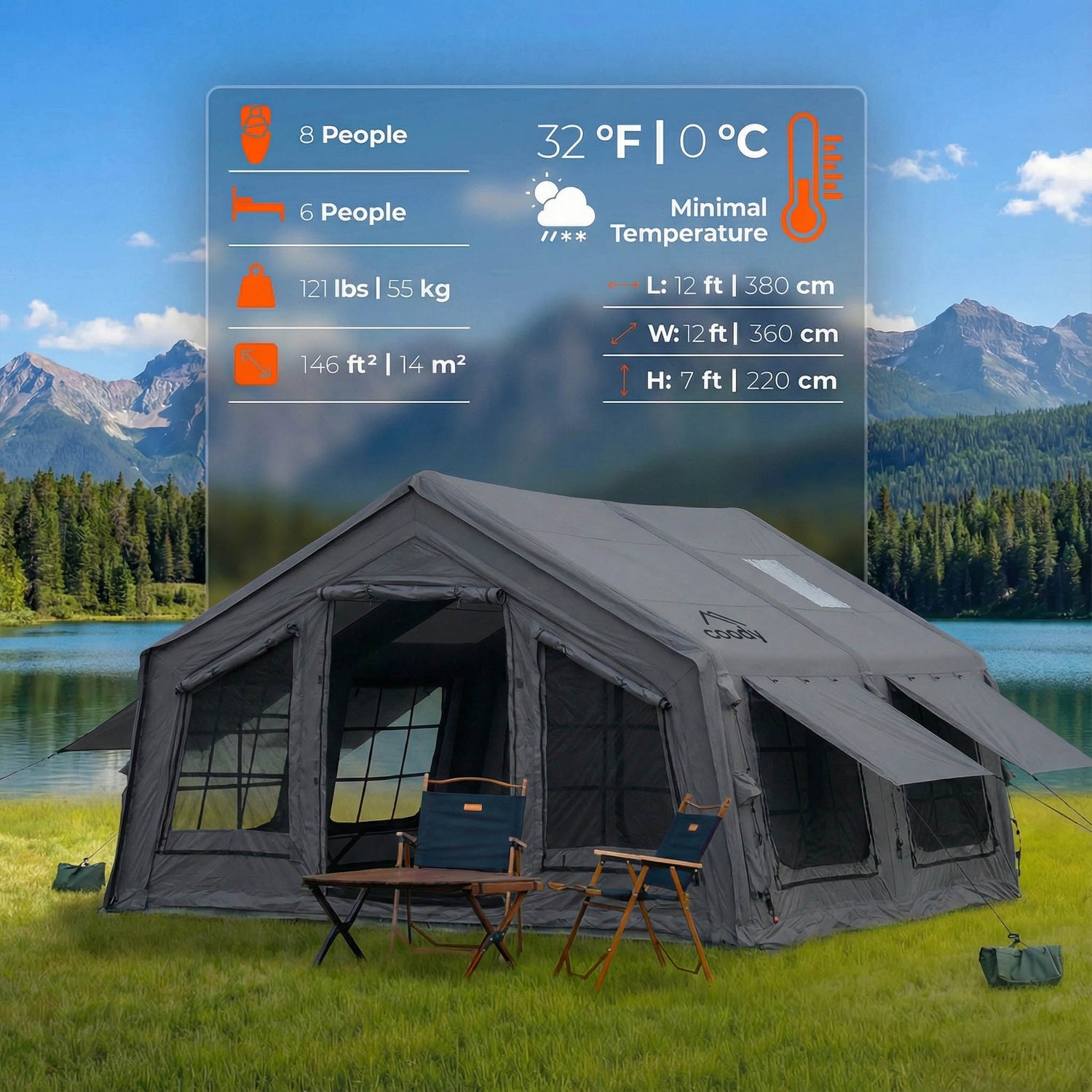 Coody 13.6 (Koala-5) Gray Inflatable Tent House for Camping (2-8 person) - RBM Outdoors