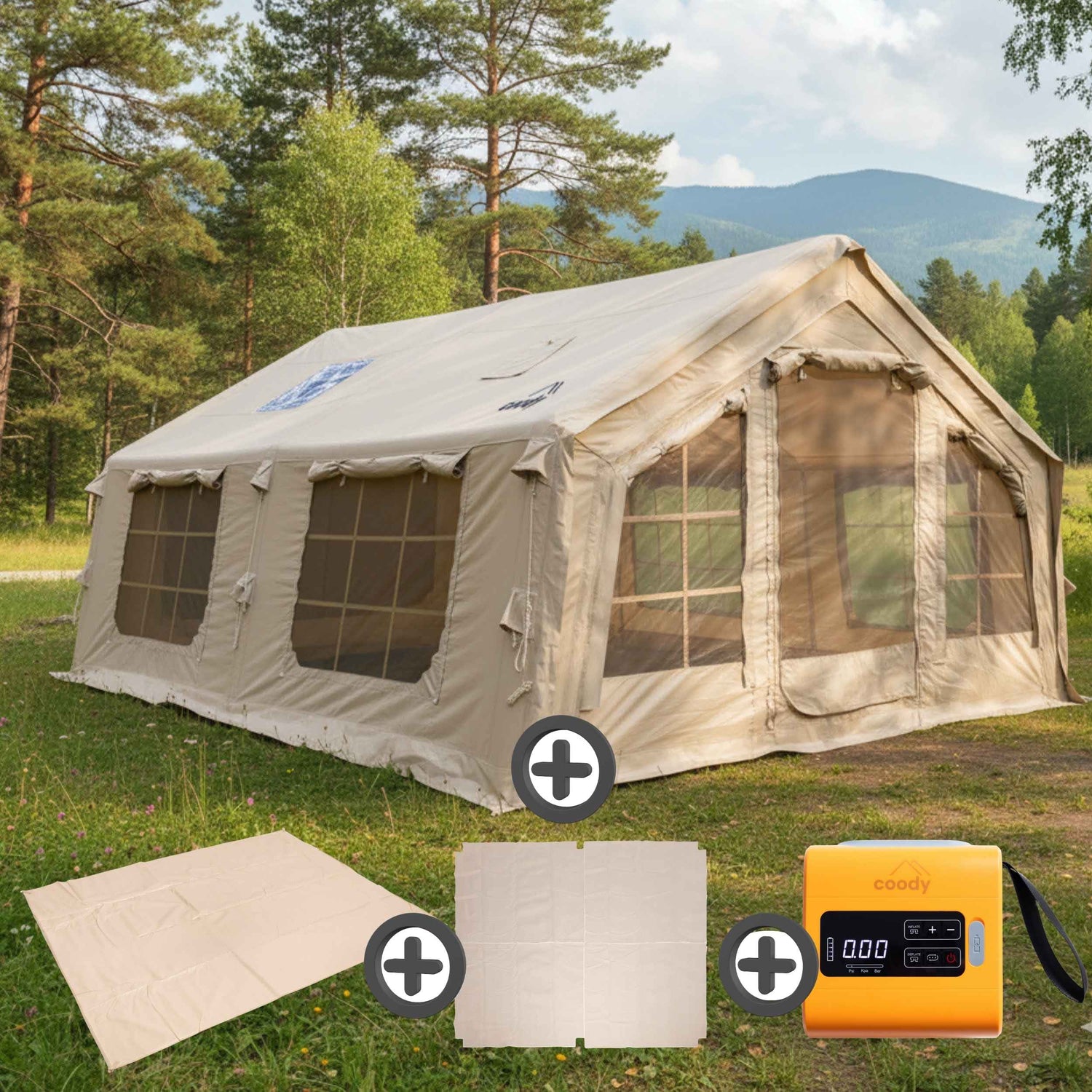 Coody 17.2 Beige (2-10 person) + Ground Sheet PVC + Carpet Coody 17.2 + Electric Pump - RBM Outdoors