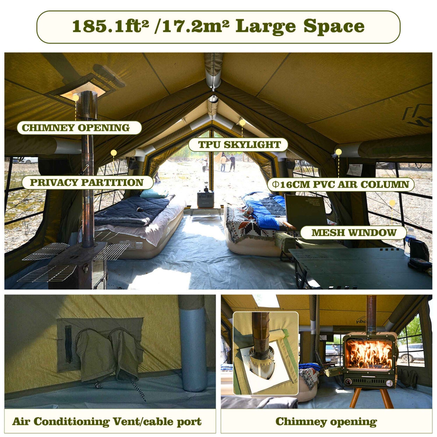 Tienda inflable grande Coody 17.2 (Koala-7) verde bosque para acampar (2-10 personas)