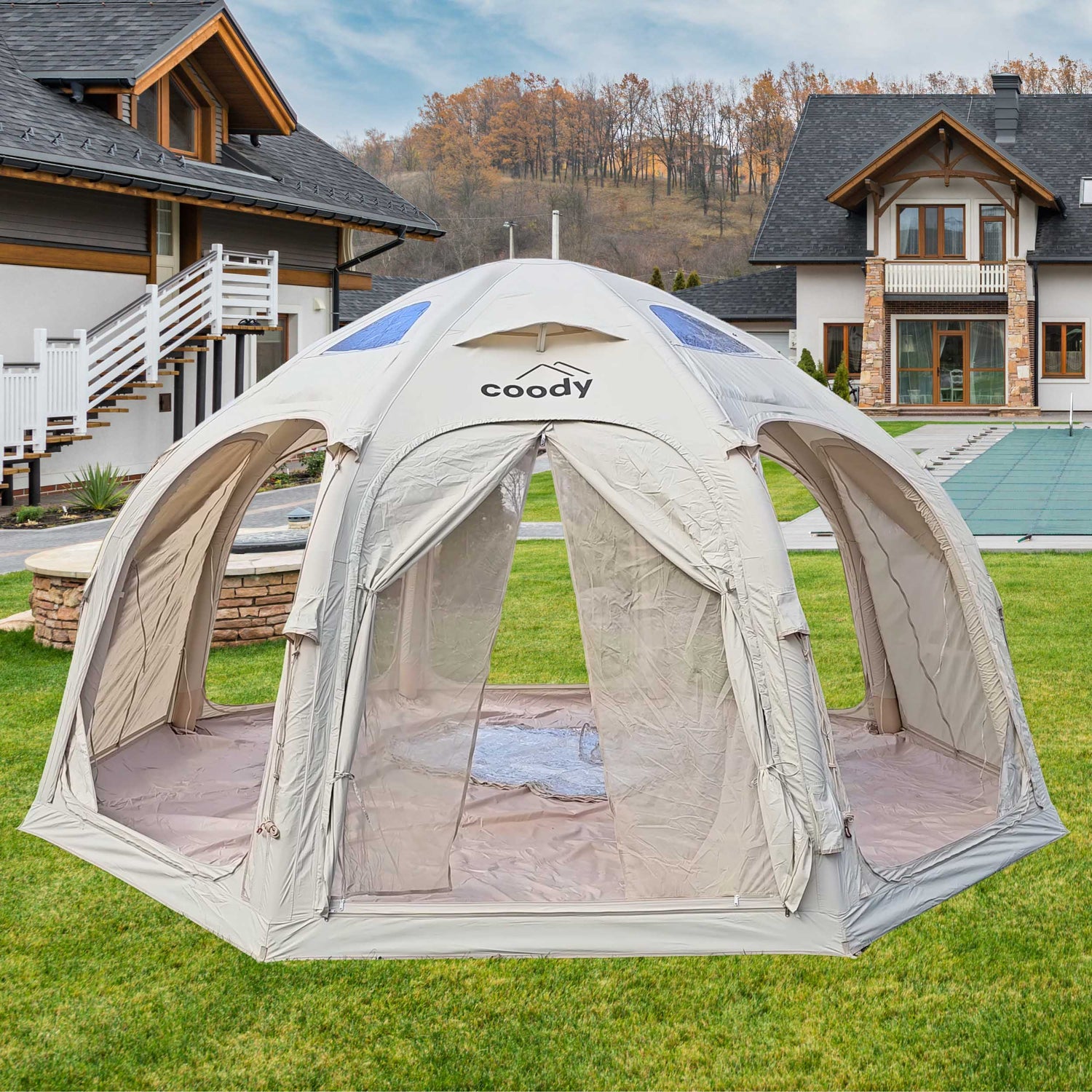 Inflatable luxury lodge style tent for car camping and basecamp use