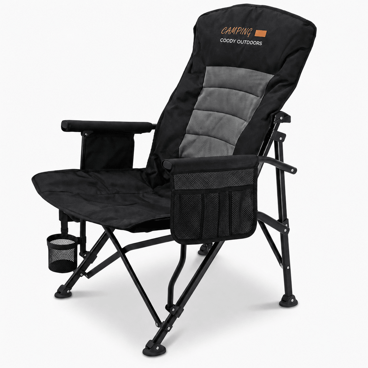 Black Coody Ouke padded camping chair with cup holder and organizer