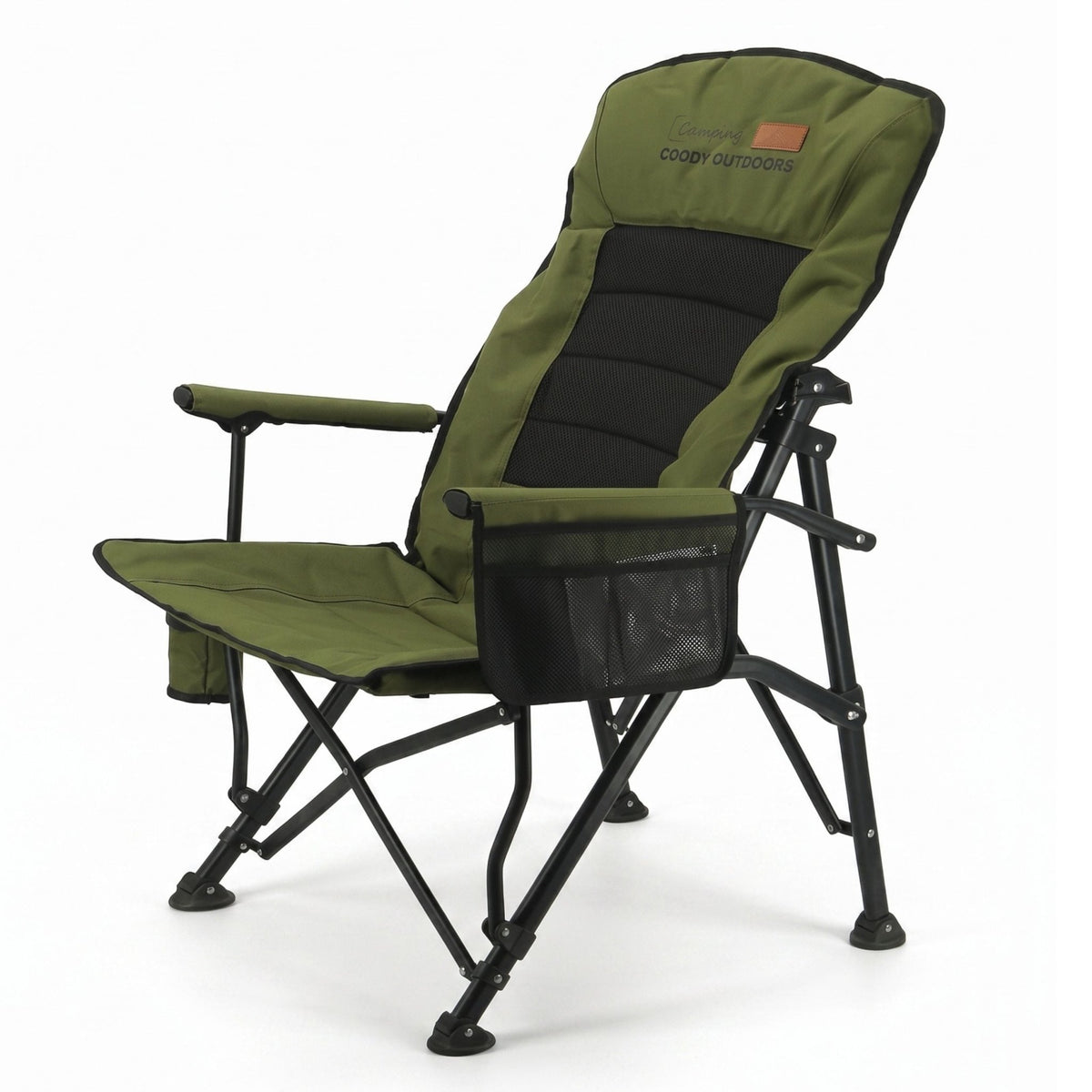 Green Coody Ouke padded camping chair with armrests and cup holder