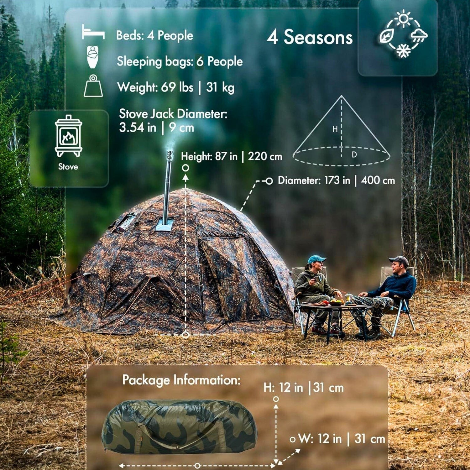 RBM All-Seasons tent UP-5 for 2-6 person + Wood Stove Caminus M - RBM Outdoors