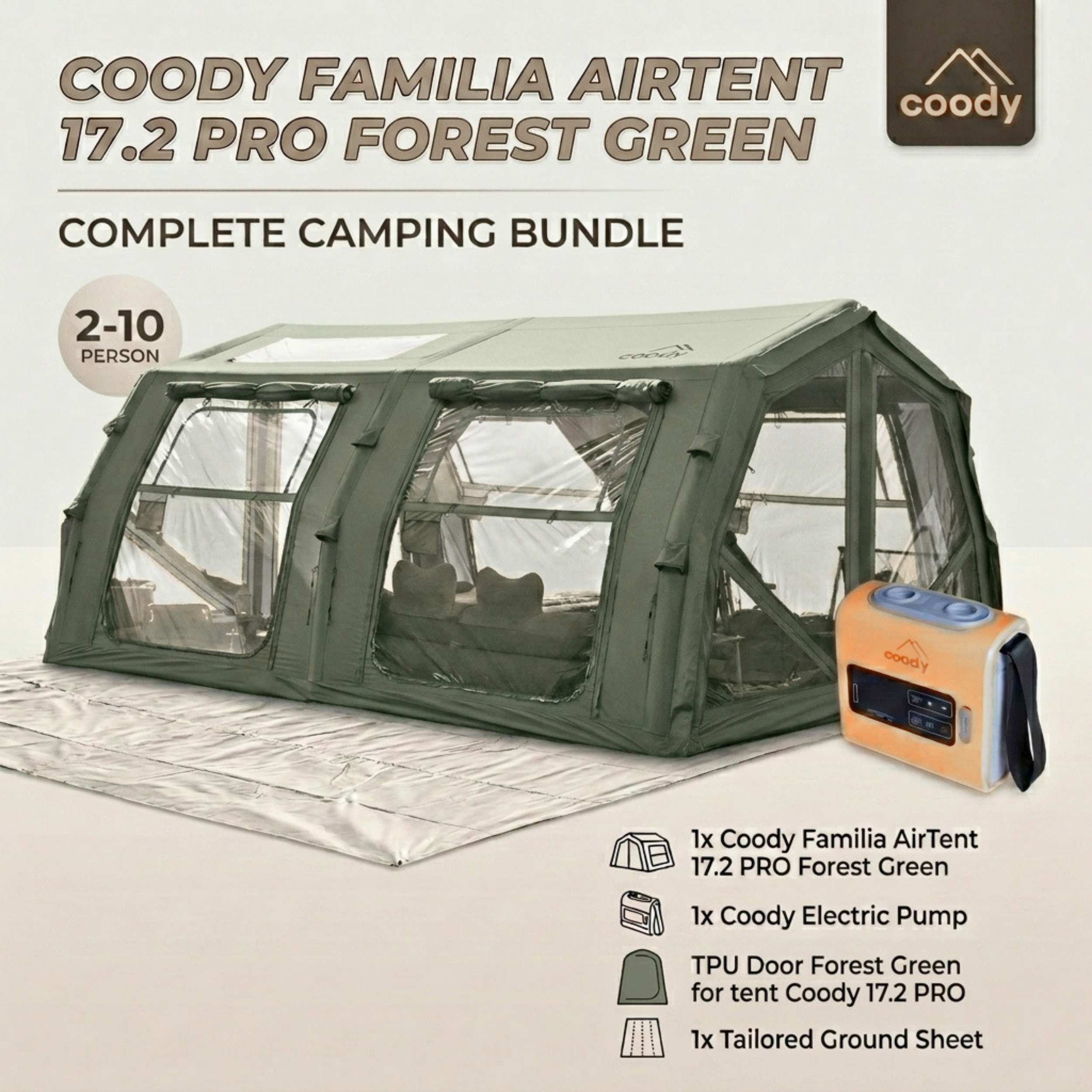 Coody Familia AirTent 17.2 PRO Forest Green (2-10 Person)+Electric
