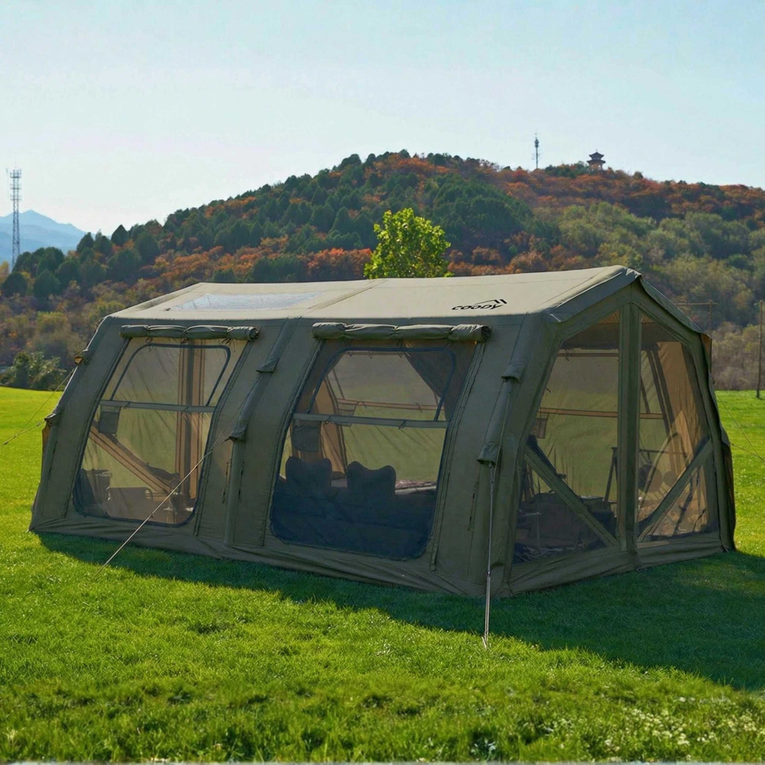 Coody Familia AirTent 17.2 PRO Forest Green (2-10 Person)+Electric Pump+TPU Door Forest Green+Ground Sheet
