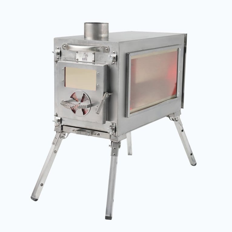Stainless steel tent stove with heat-resistant glass sides