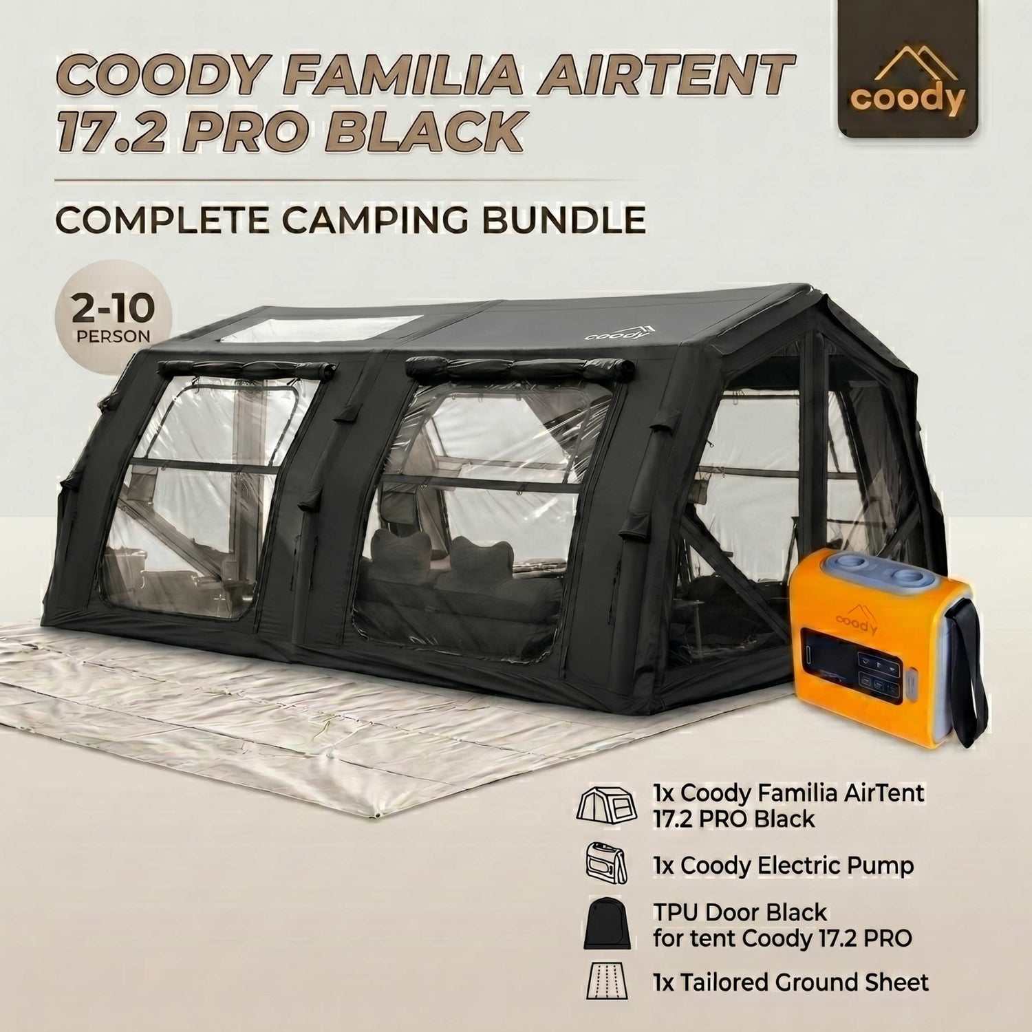 Coody Familia AirTent 17.2 PRO Black (2-10 Person)+Electric Pump+TPU Door Black+Ground Sheet