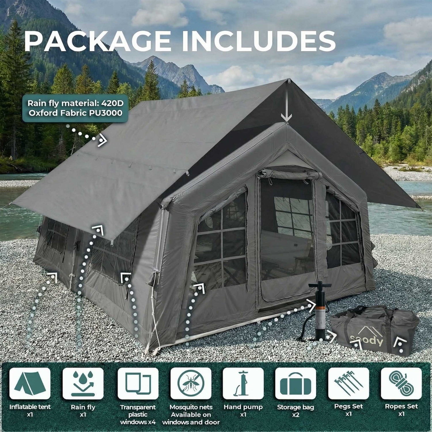 Coody 13.6 (Koala-5) Gray Inflatable Tent House for Camping (2-8 person) - RBM Outdoors