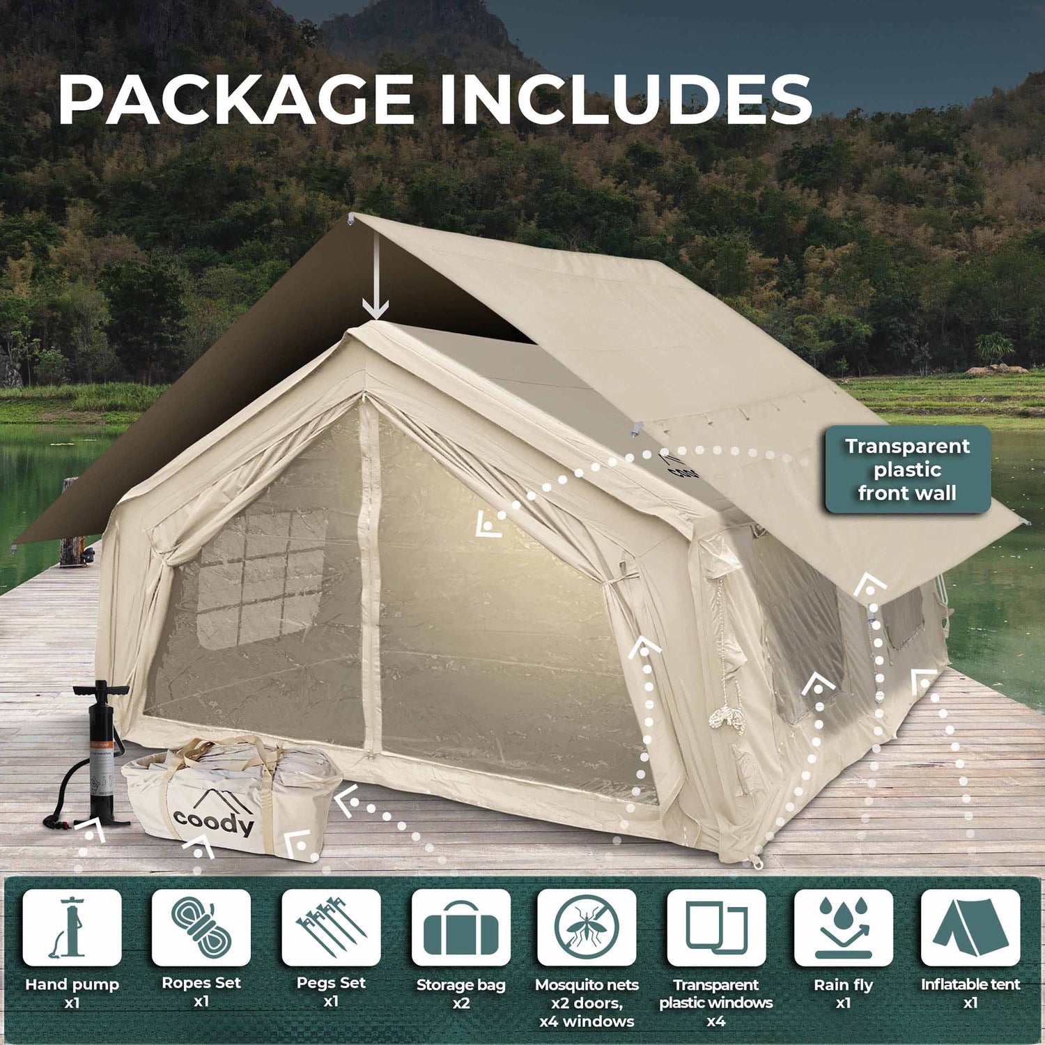 Coody 17.2 Beige (2-10 person) + Ground Sheet PVC + Carpet Coody 17.2 + Electric Pump - RBM Outdoors