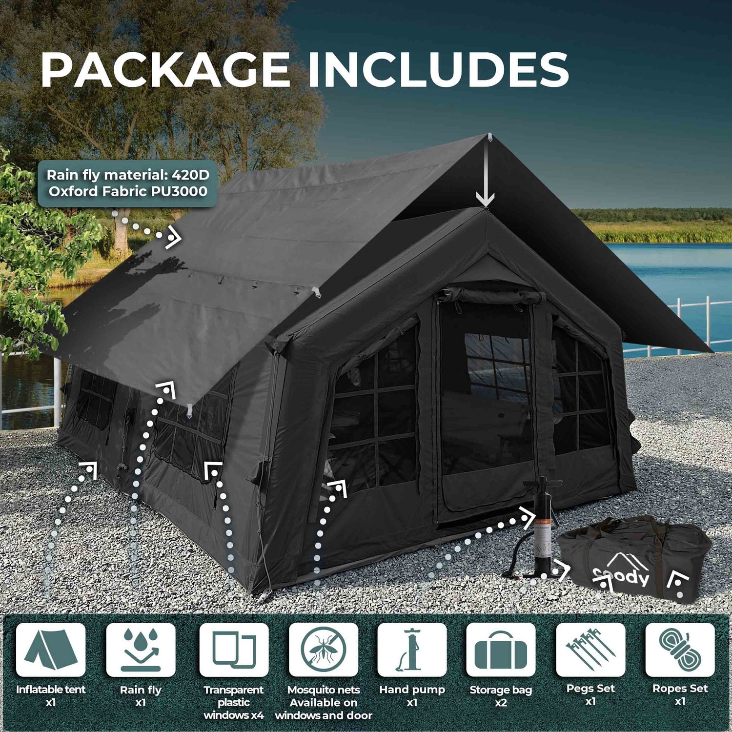 Coody 13.6 (Koala-5) Black Inflatable Tent for Camping (2-8 person) - RBM Outdoors