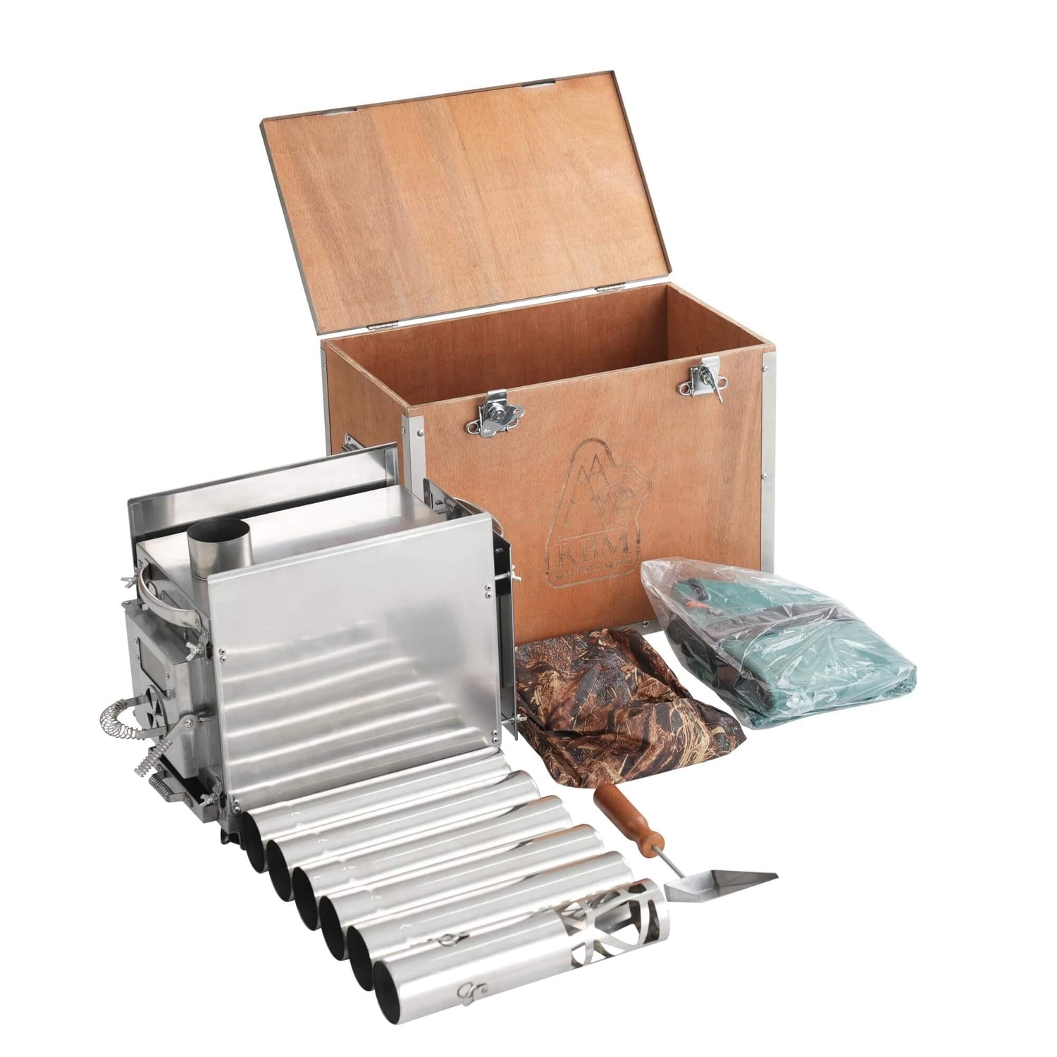 Caminus S tent stove packed in protective wooden shipping box