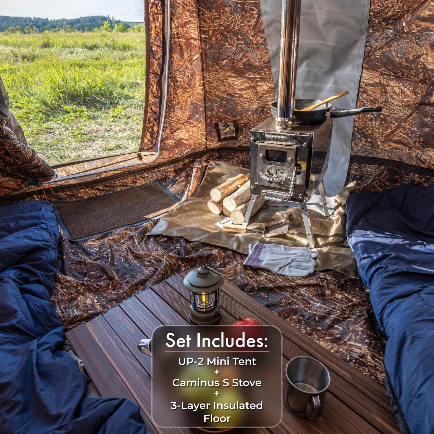 RBM All-Seasons tent UP-2 mini for 1-3 person + Wood Stove Caminus S + Three-Layer Floor
