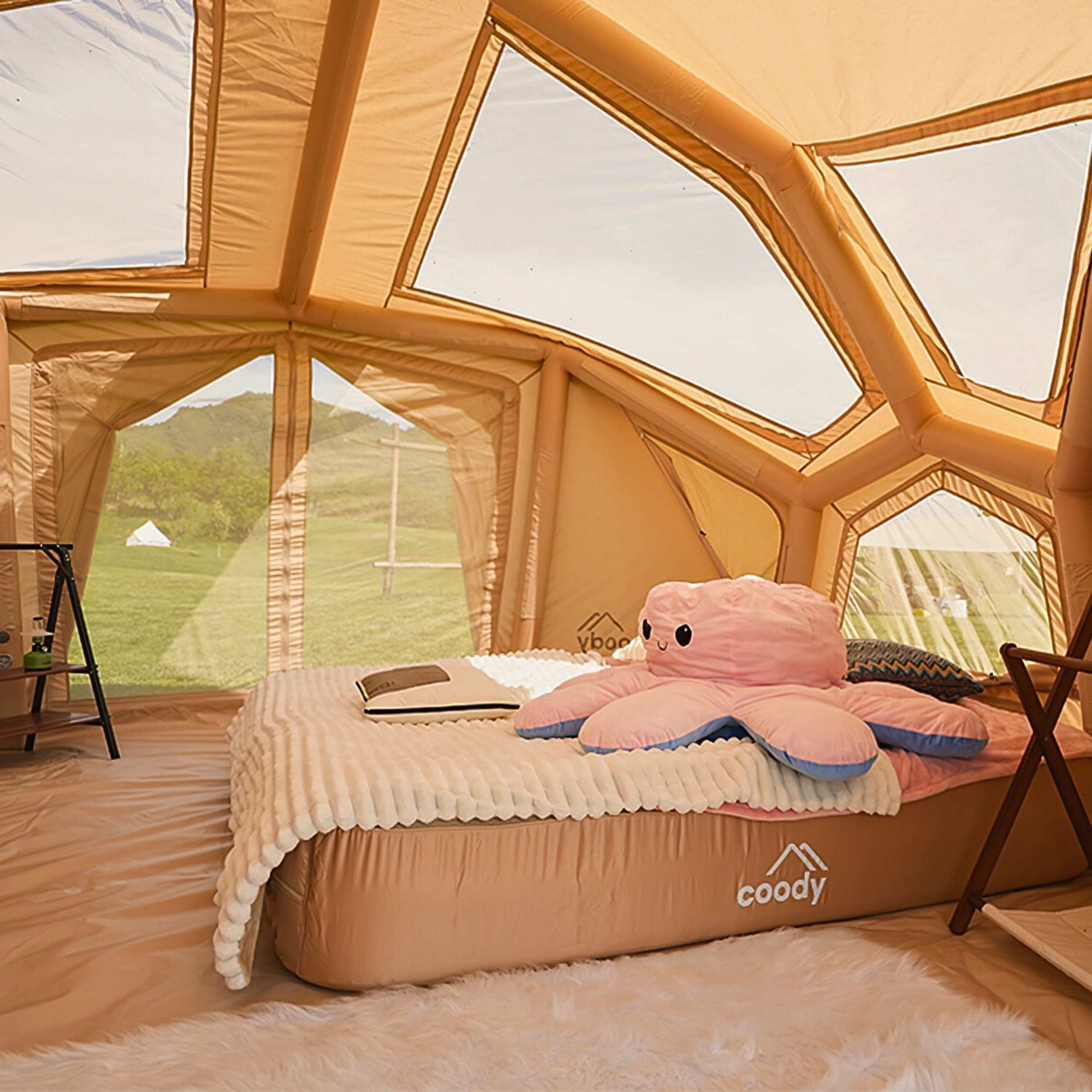 Premium family glamping inflatable tent with mesh ventilation panels