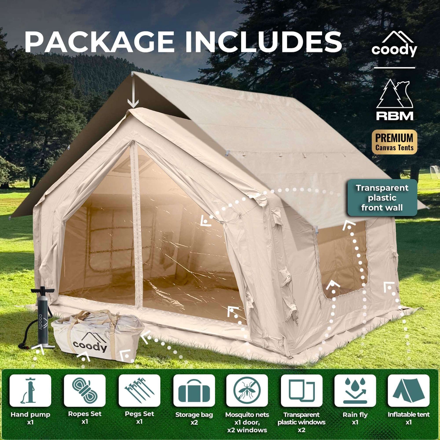 Tente gonflable Coody 10.0 beige pour le camping (2-4 personnes)