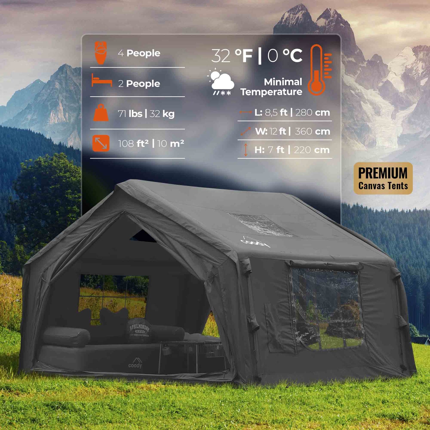 Coody 10.0 Black Inflatable Tent House for Camping (2-4 person)