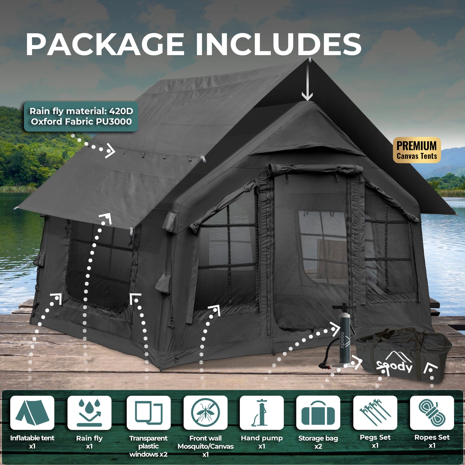 Coody 8.0 Black - Inflatable Tent House for Camping 1-4 person