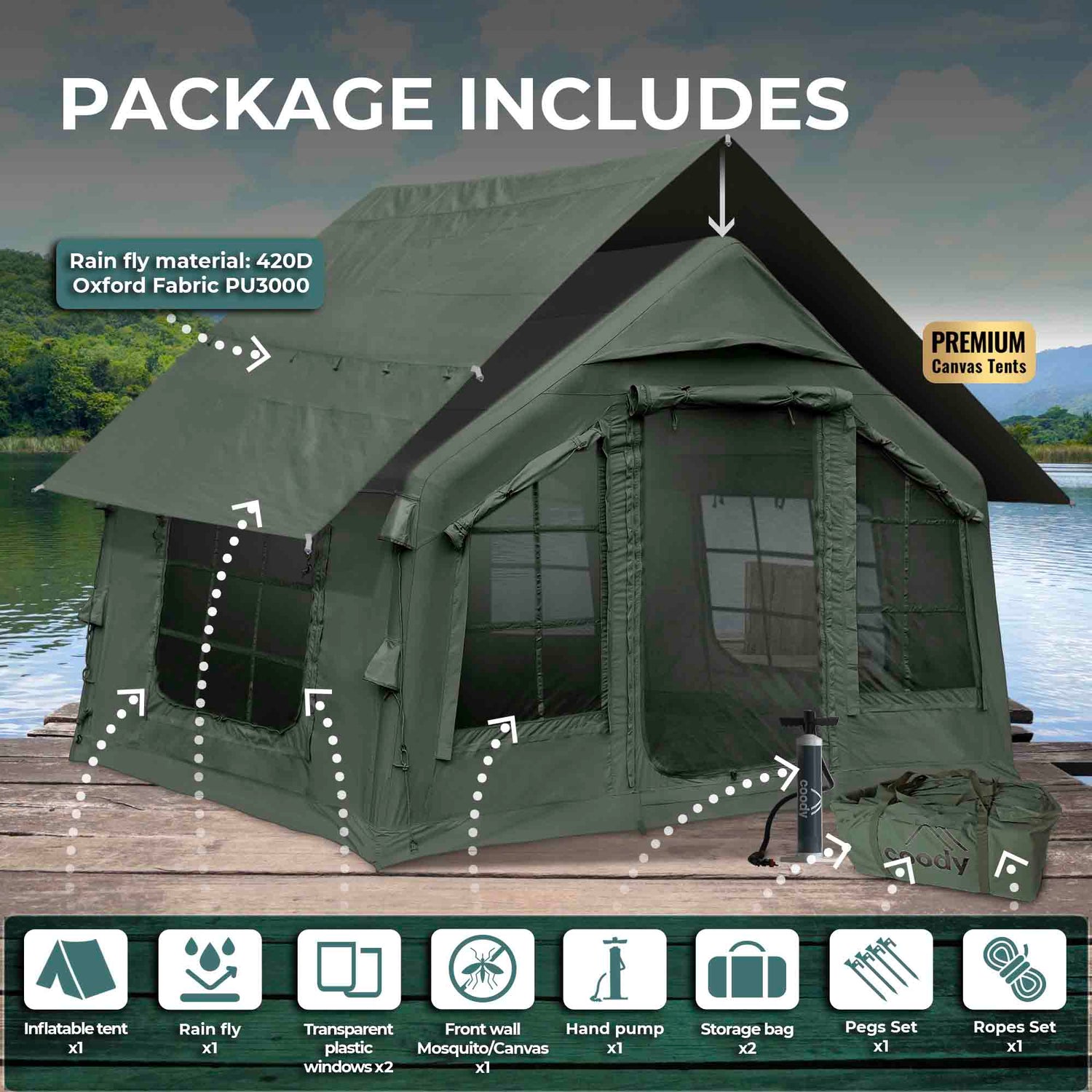 Coody 8.0 Forest Green Inflatable Tent for Camping (1-4 person) - RBM Outdoors