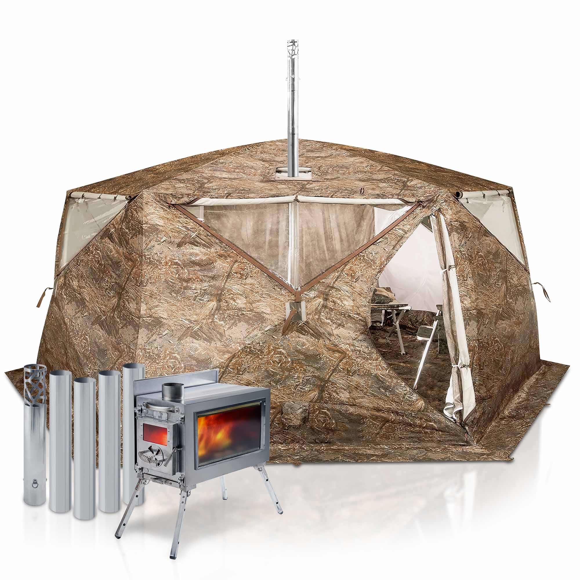 All-Seasons tent Hexagon for 2-9 person + Wood Stove Caminus M