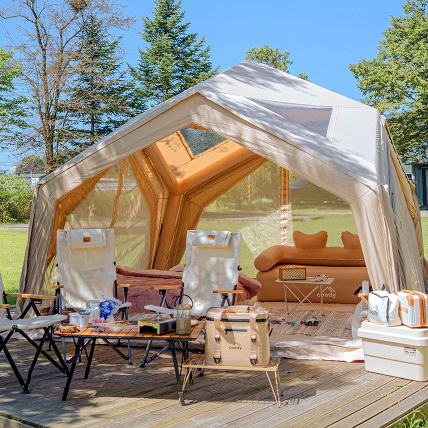 Large inflatable modular camping tent with durable Oxford floor