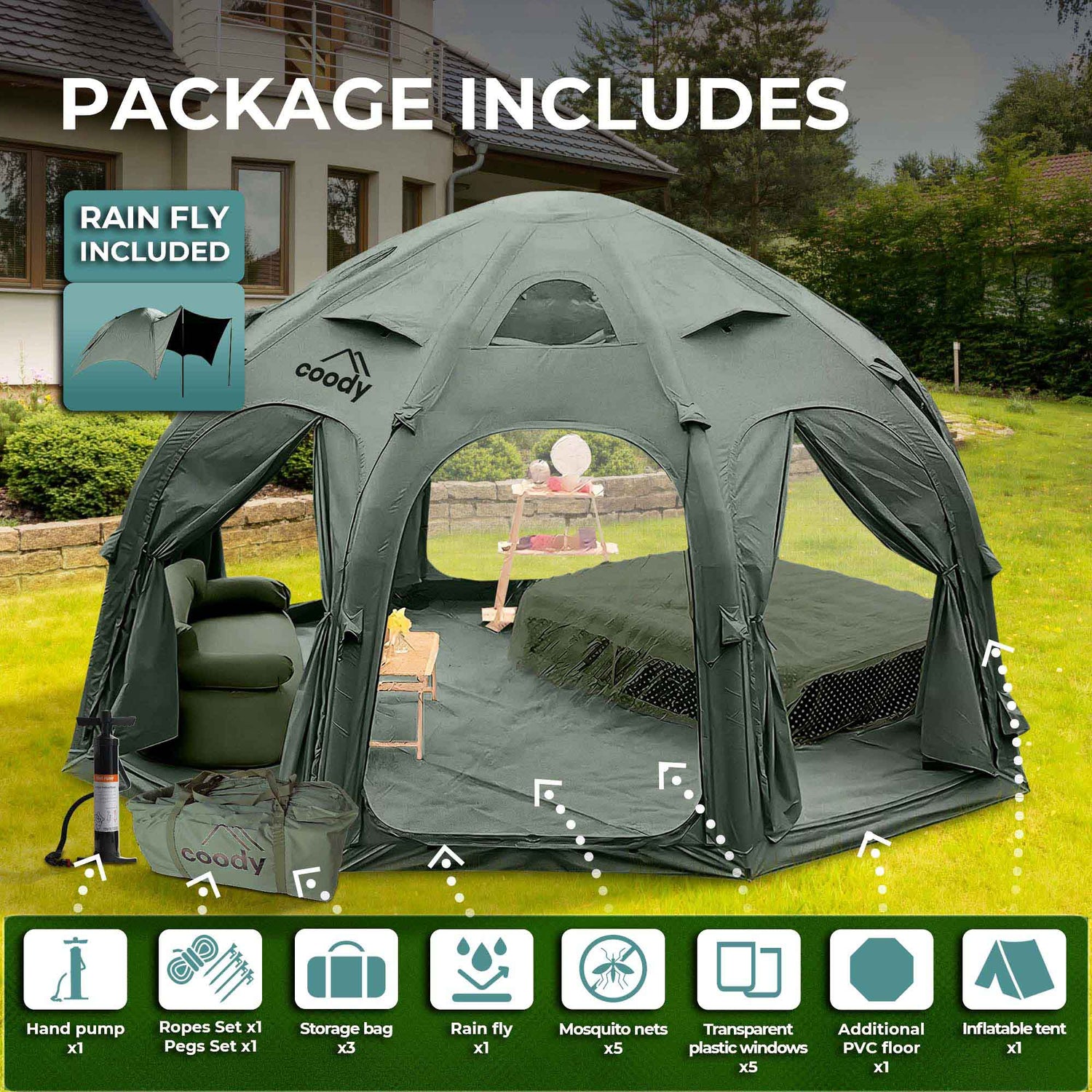 Coody Aurora Dome | RBM Outdoors Inflatable tent Octopus Forest Green for 2-4 person