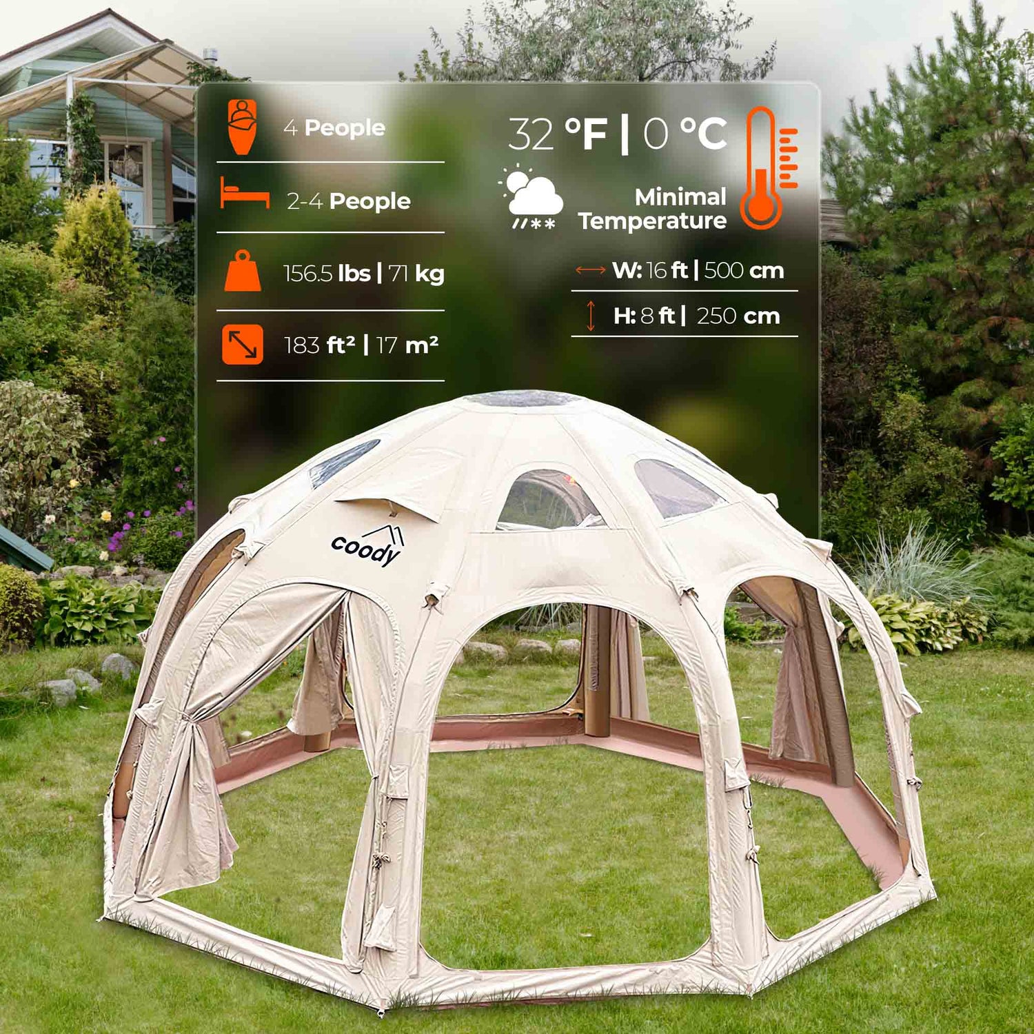 Coody Aurora Dome air tent with stove jack and full standing height