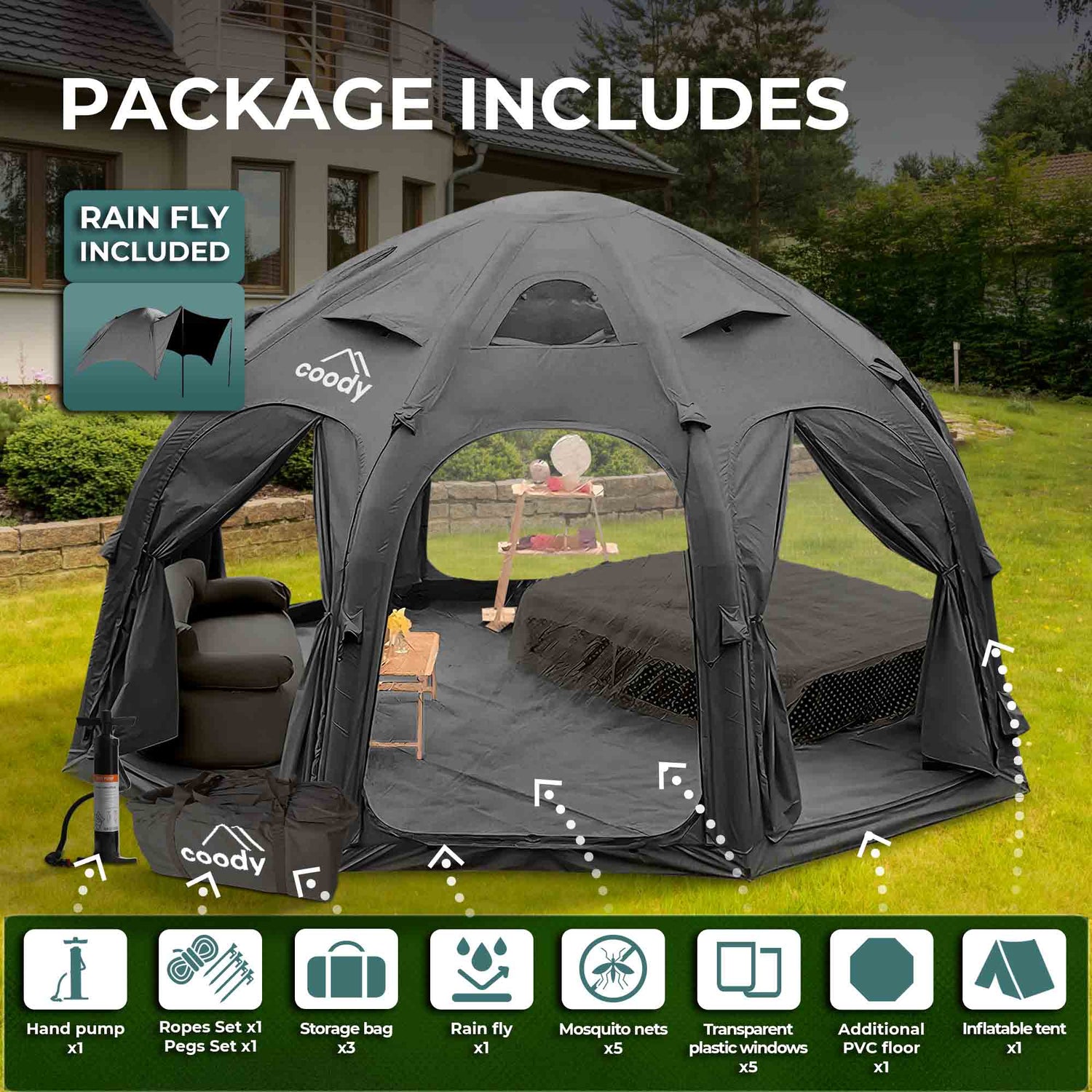 Coody Aurora Dome | RBM Outdoors Inflatable tent Octopus Black for 2-4 person