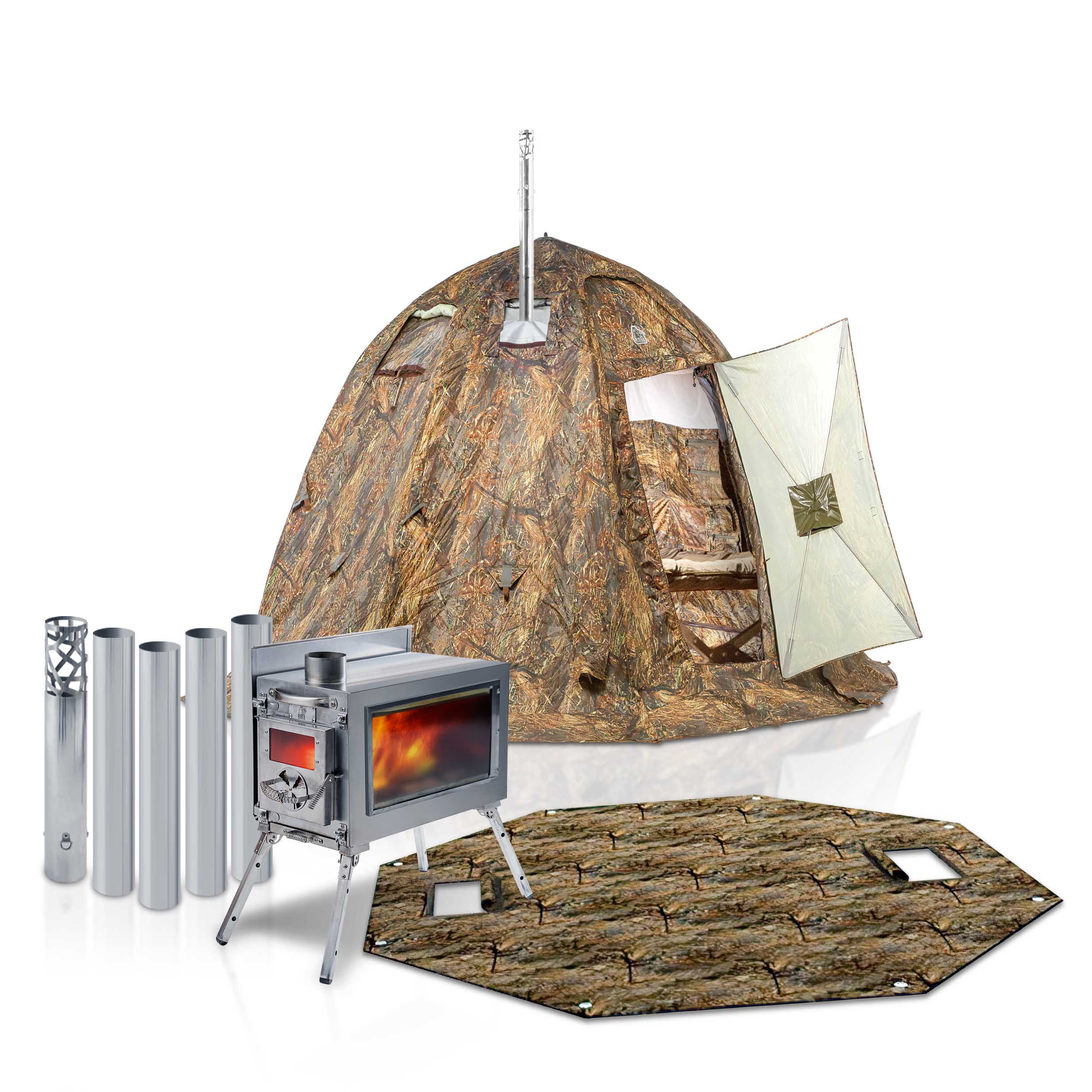 easy set up zelt RBM All-Seasons tent UP-2 mini for 1-3 person + Wood Stove Caminus S + Three-Layer Floor