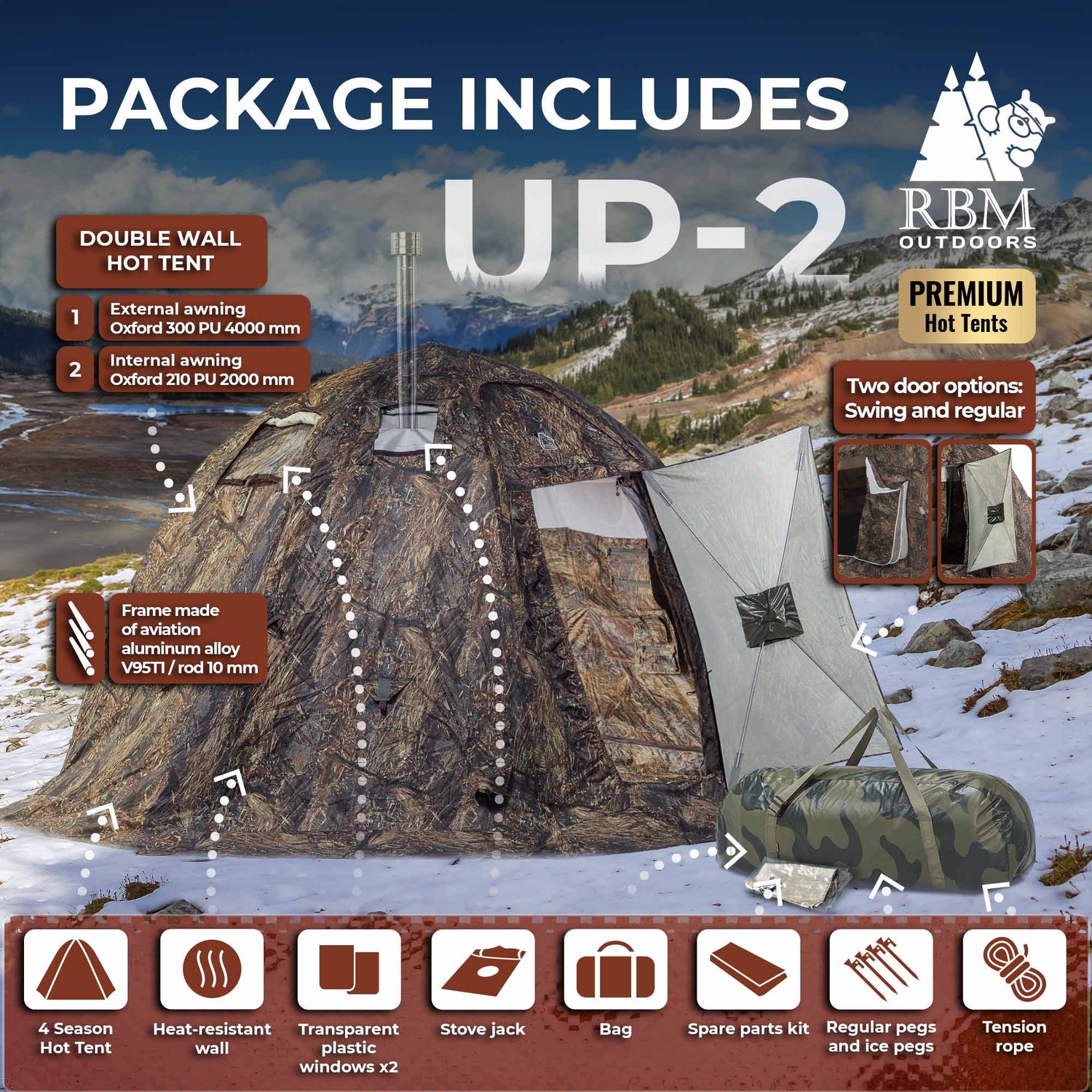 RBM All-Seasons tent UP-2 for 2-4 person + Wood Stove Caminus M - RBM Outdoors
