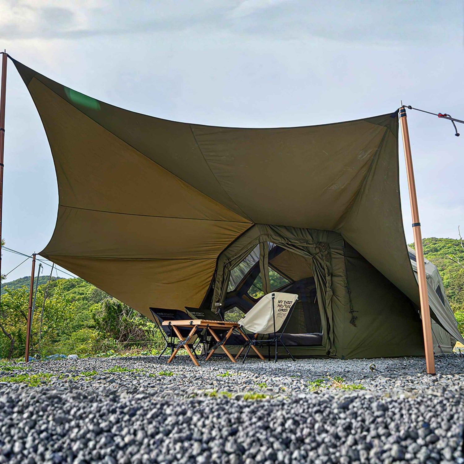 Inflatable dome tent with ceiling TPU panels and natural light