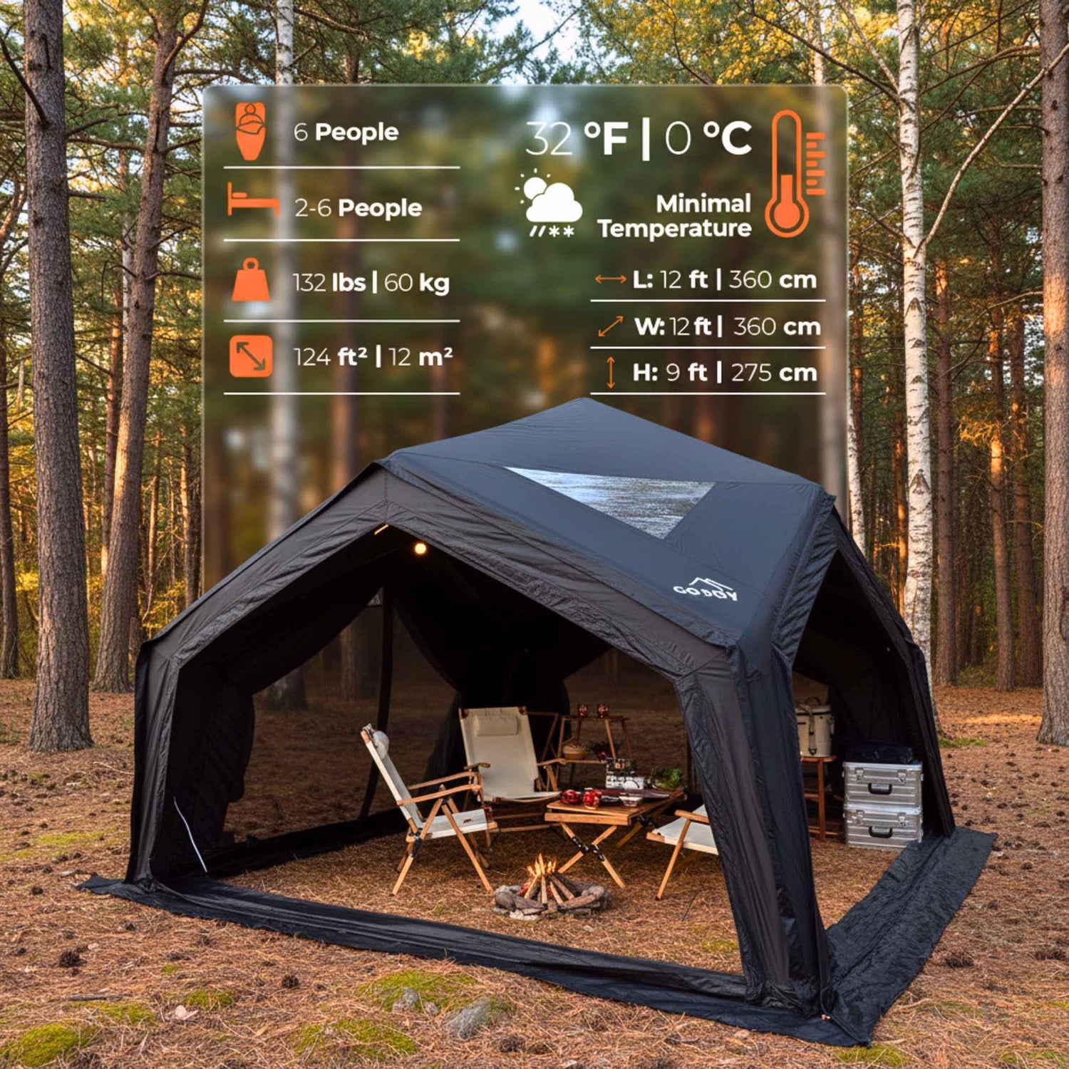 Coody Hub air beam tent with stove jack and roof ventilation panels