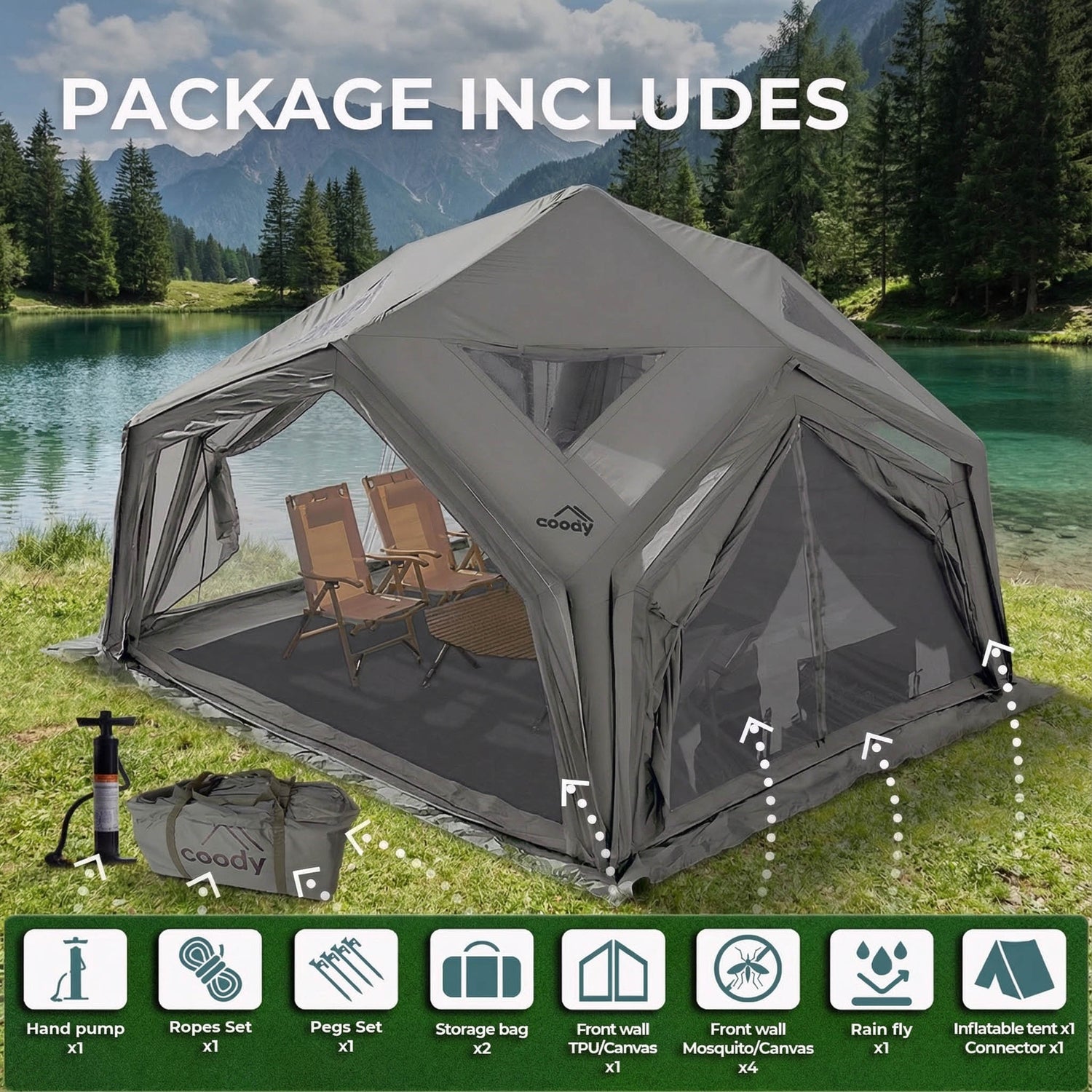 Inflatable lodge style shelter for group camping and outdoor living