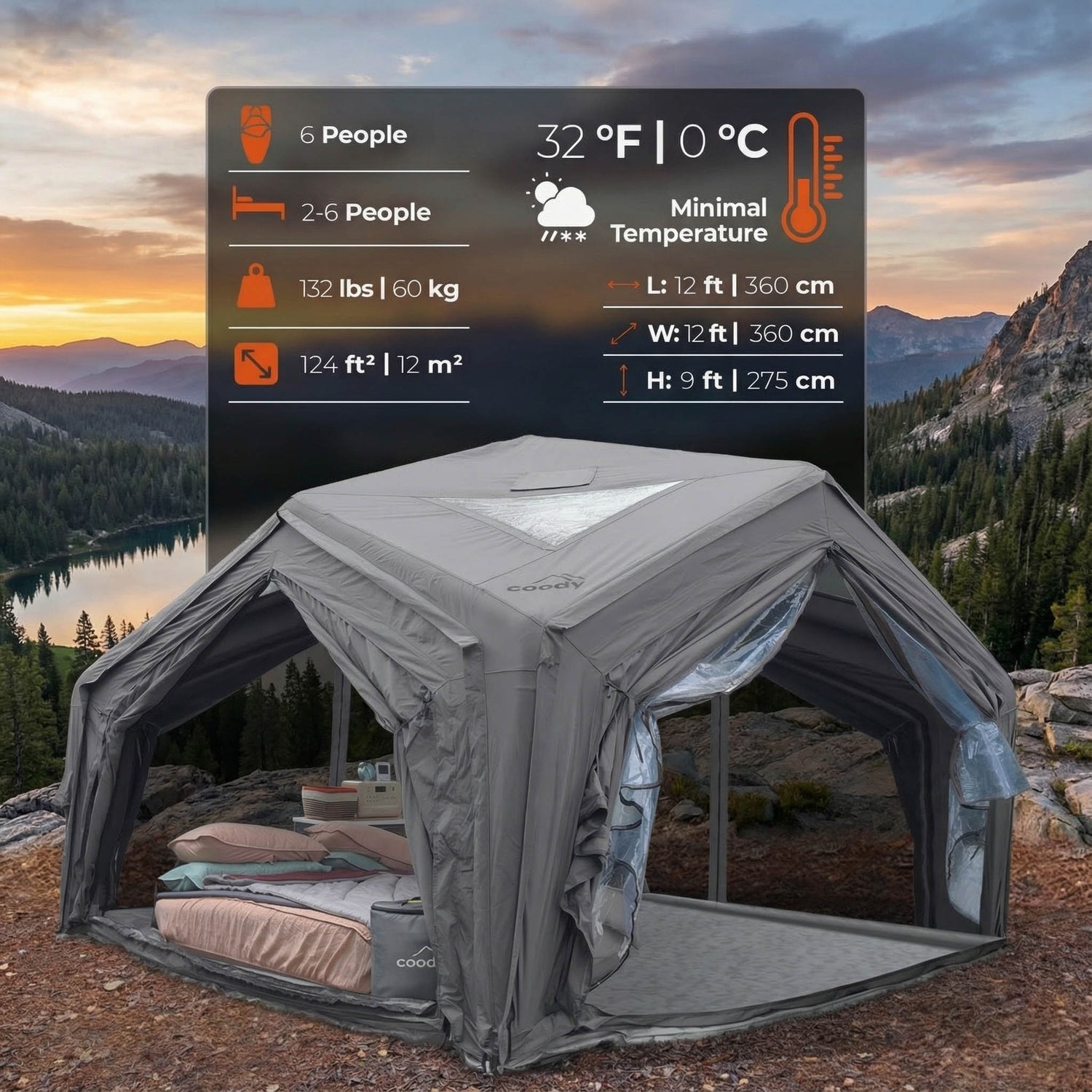 Coody Hub air beam tent with stove jack and roof ventilation panels