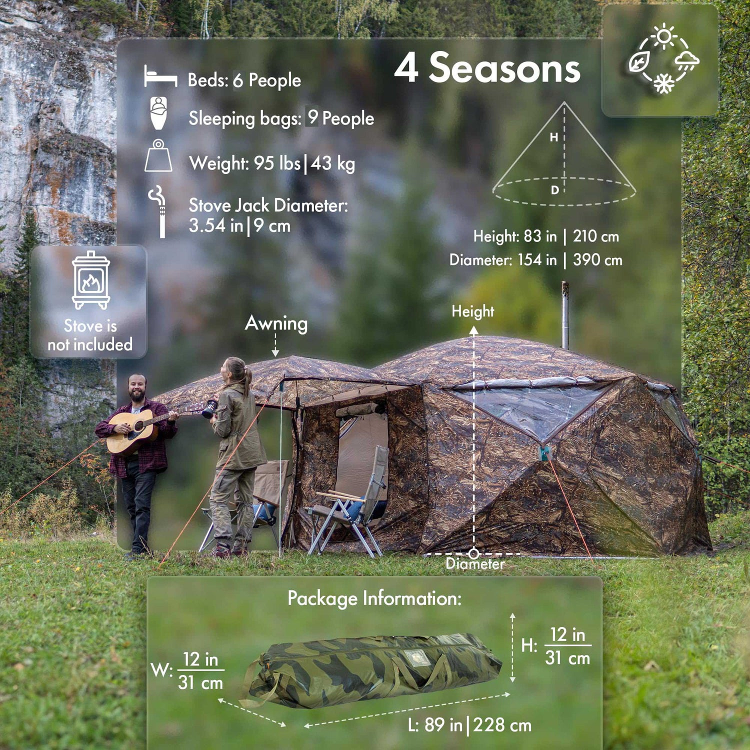 RBM All-Seasons tent Hexagon for 2-9 person + Wood Stove Caminus M + Three-Layer Floor - RBM Outdoors