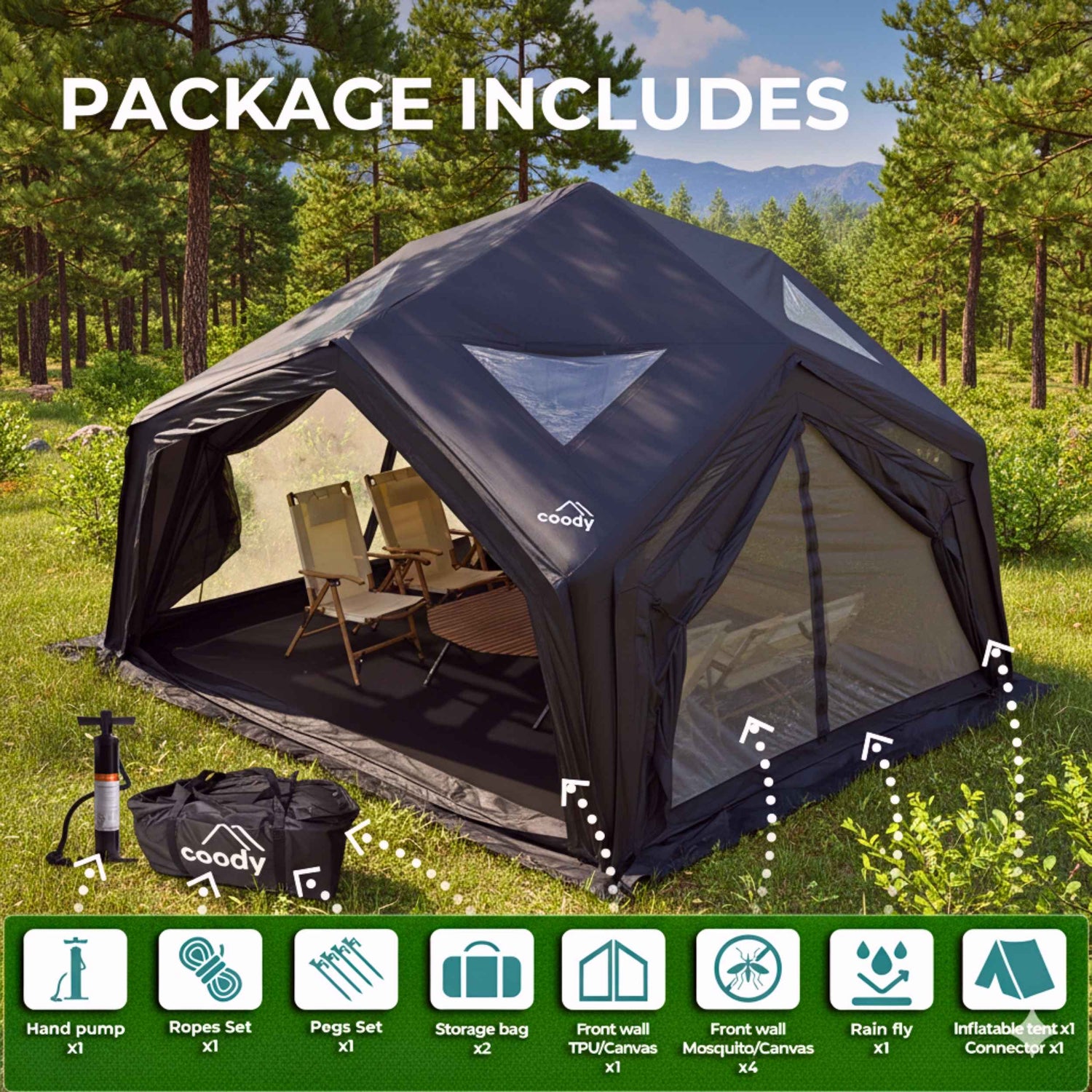 Inflatable lodge style shelter for group camping and outdoor living space