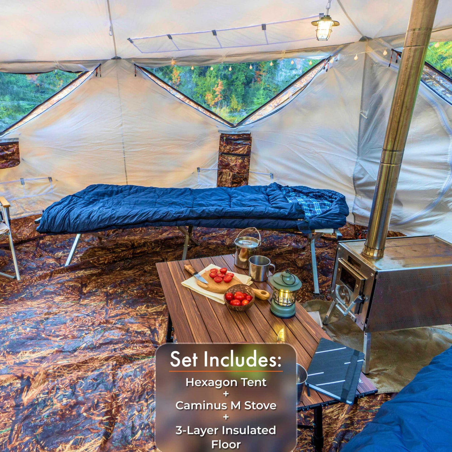 RBM All-Seasons tent Hexagon for 2-9 person + Wood Stove Caminus M + Three-Layer Floor - RBM Outdoors