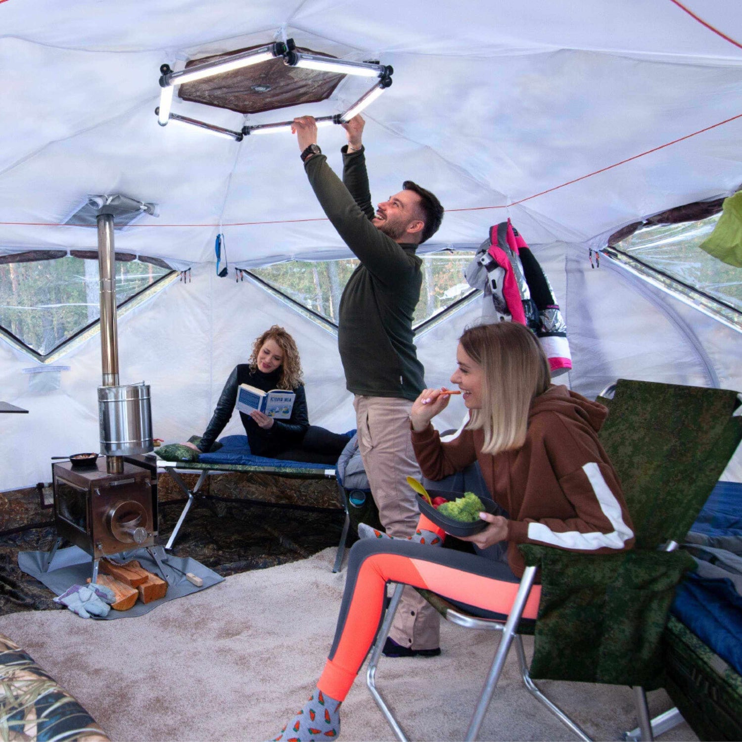 RBM All-Seasons tent Hexagon for 2-9 person + Wood Stove Caminus M + Three-Layer Floor - RBM Outdoors