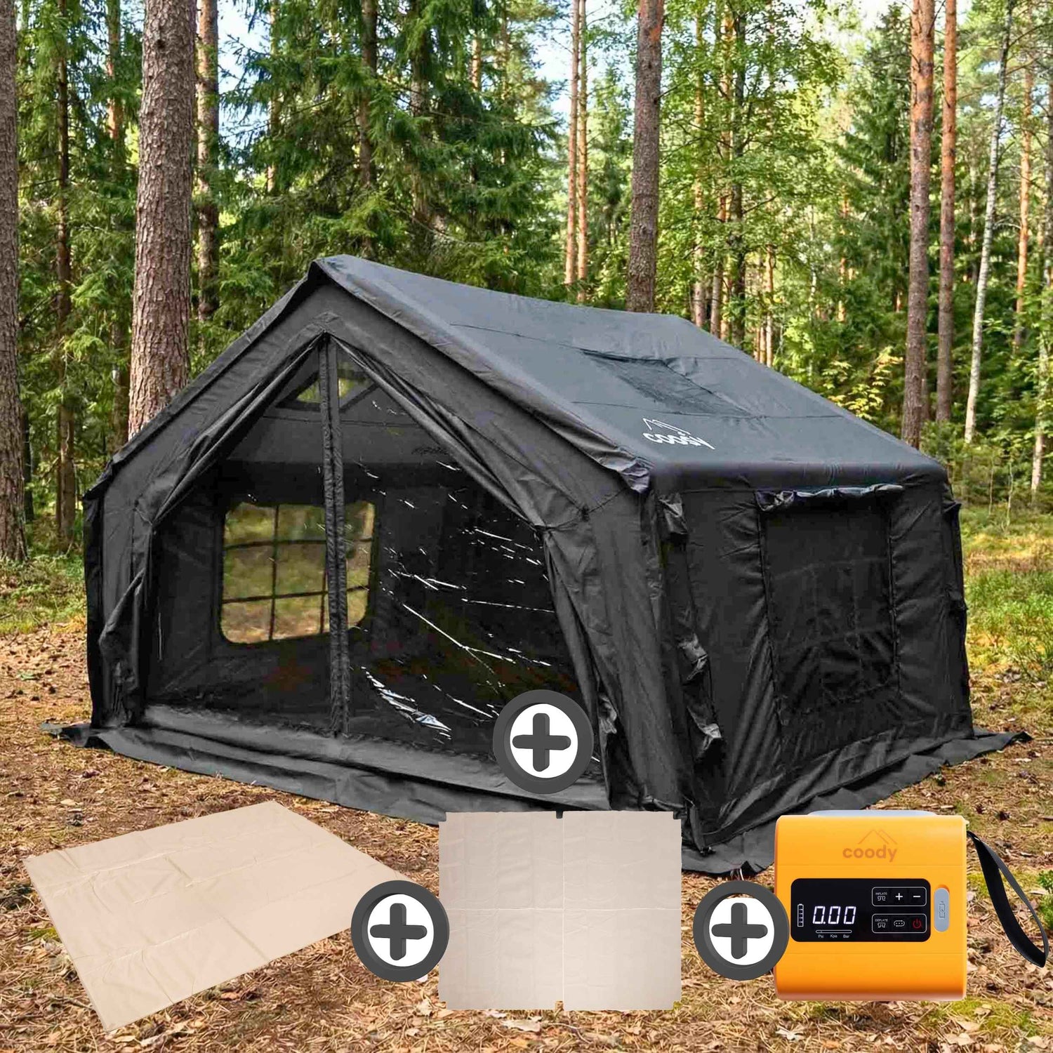 Coody 10.0 Black (2-4 person) + Ground Sheet PVC + Carpet Coody 10.0 + Electric Pump - RBM Outdoors