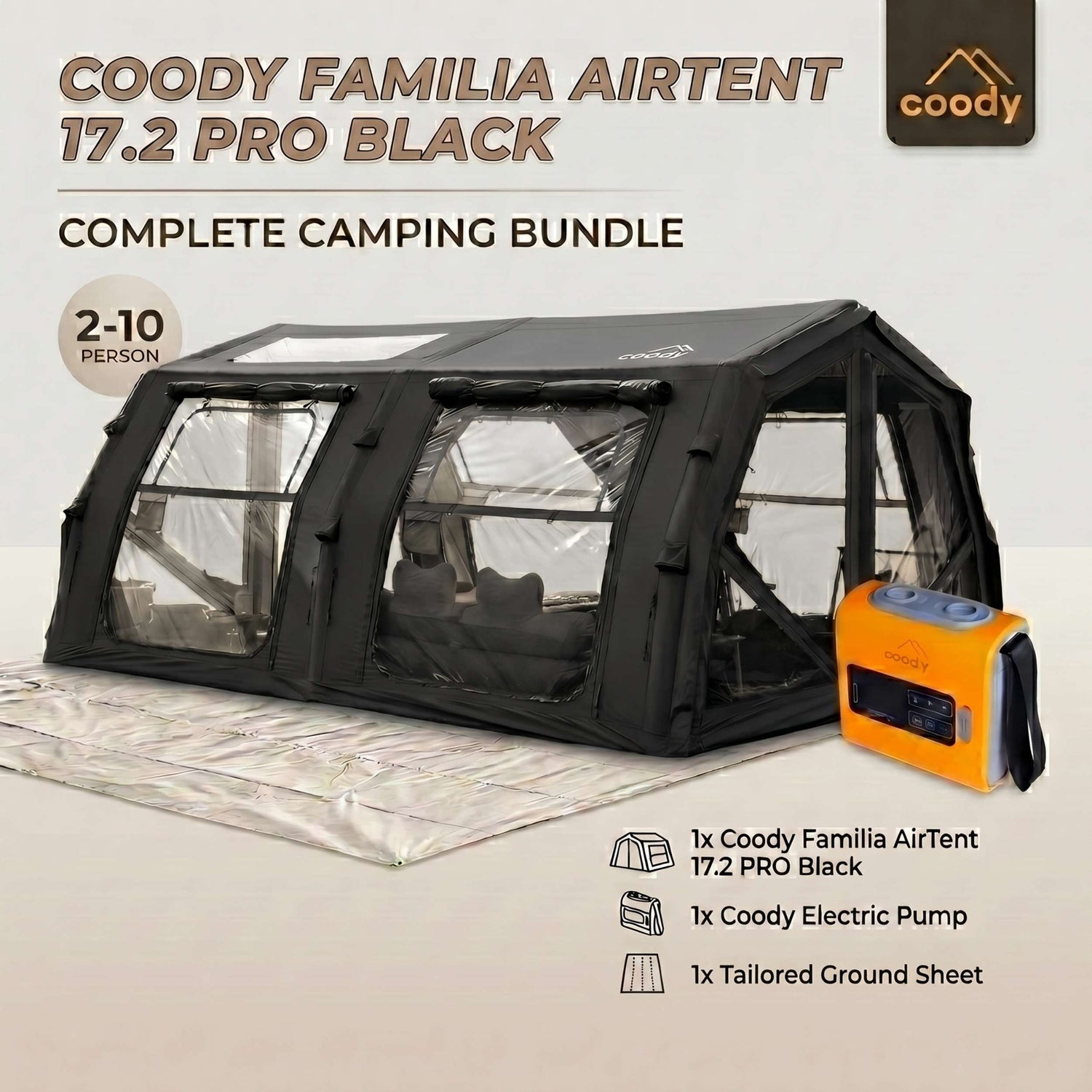 Coody Familia AirTent 17.2 PRO Noir (2-10 Personnes)+Pompe Électrique+Porte TPU Noire+Tapis de Sol