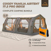 Coody Familia AirTent 17.2 PRO Beige (2-10 Personnes)+Pompe Électrique+Porte TPU Beige+Tapis de Sol