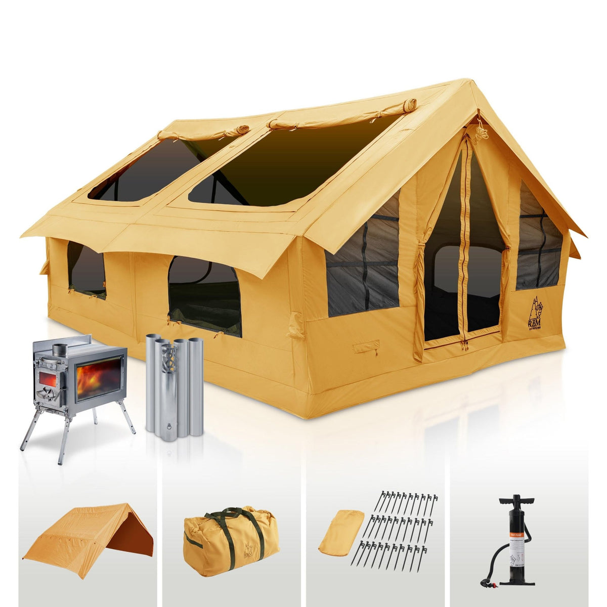 Carpa inflable RBM Panda Large Sunny Beige + estufa de leña Caminus M, 2-6 personas