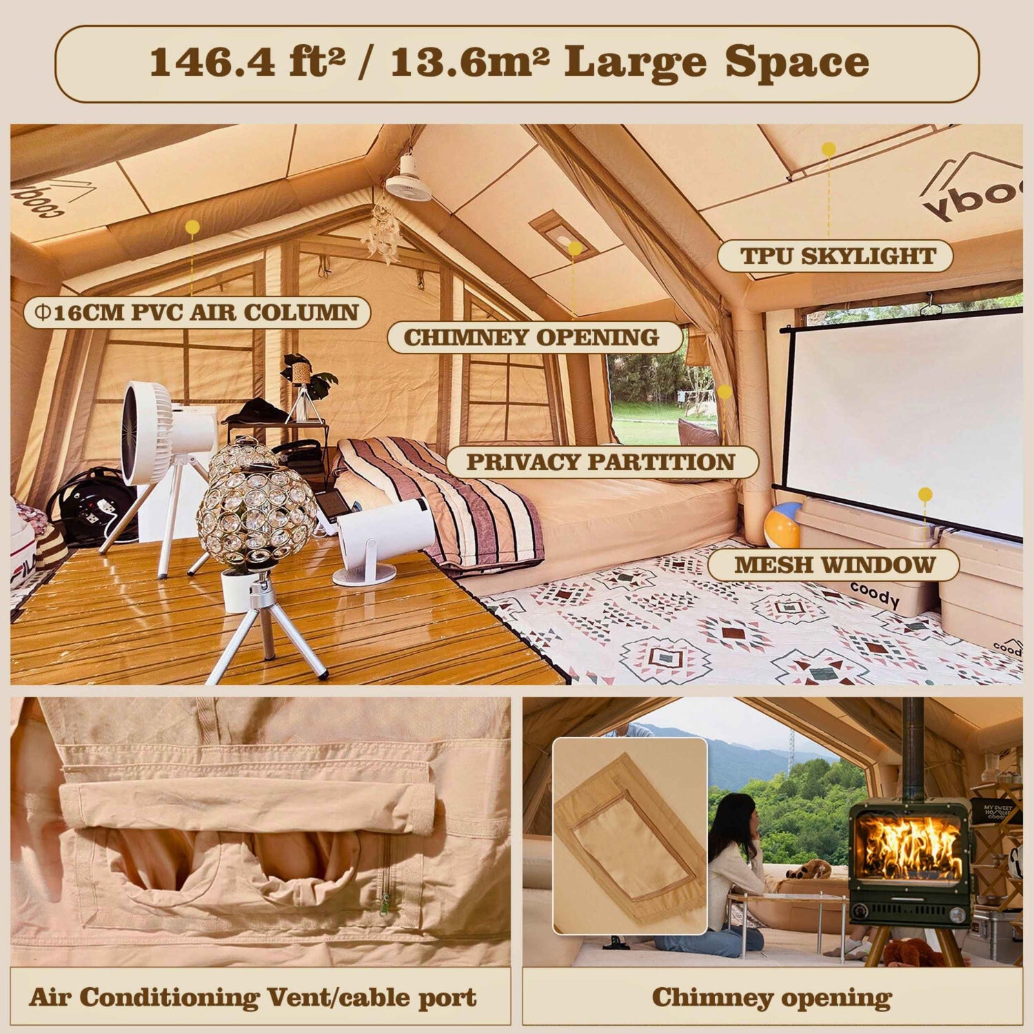 Coody 13.6 Beige (2-8 personas) + Estufa de Leña RBM Caminus M